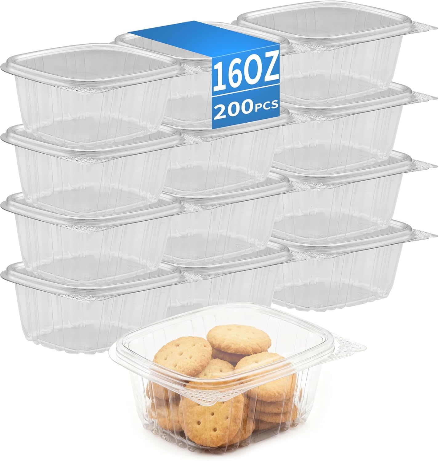 200 Pack Clamshell Containers,16oz Clear Rectangle Plastic To Go Containers, Freezable for Berries, Fruits & Meal Prep