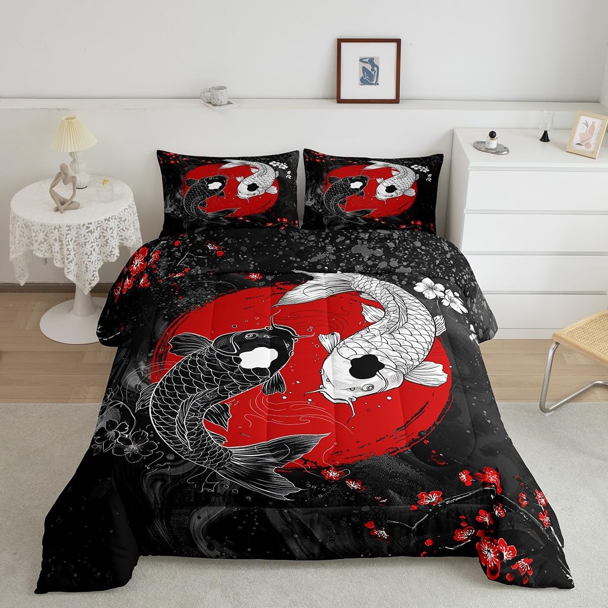 Feelyou Japanese Koi Fish Comforter Set Full Size for Kids, Teens - Cherry Blossoms, Red Sun, Wave Home Decor Bedding Set - Ukiyoe Theme Duvet Set for Boys Girls