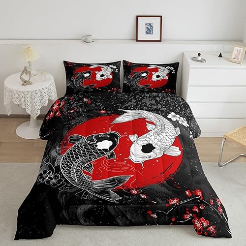 Miniatura 22 de Feelyou - Juego de edredón de olas japonesas tamaño queen para niños, flores de cerezo, edredón para niños, niñas y adolescentes, decoración de Azul