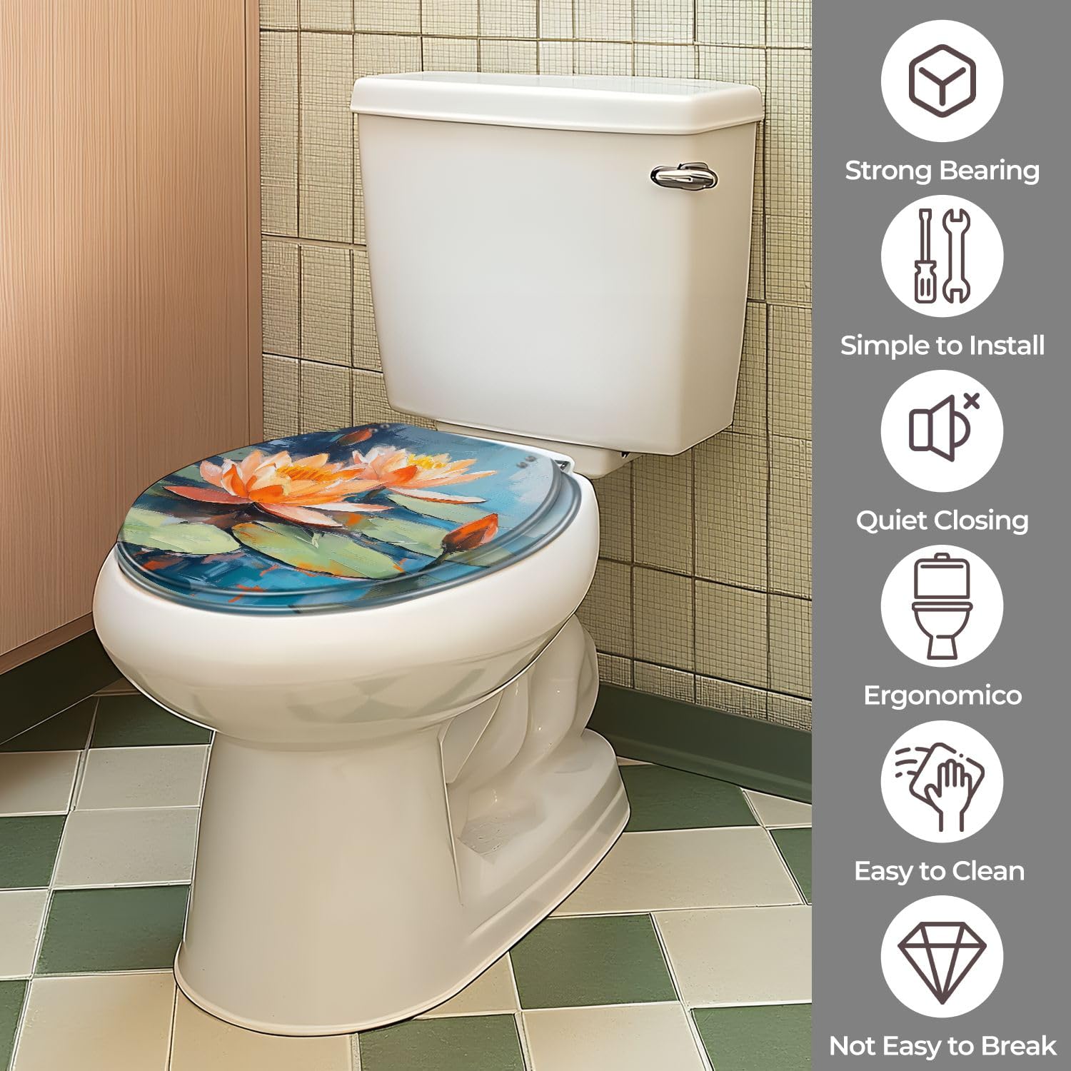 Asiento de inodoro redondo de resina con bisagras de cierre suave para baño.