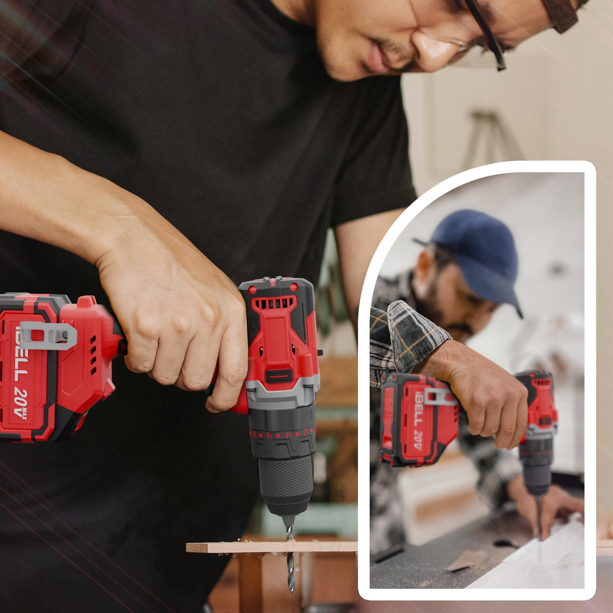 IBELL TOOLS BD20-80 2Ah (BMC) One Power Series 20V Cordless Impact Drill Brushless | Max 80Nm Torque | 1750 RPM Speed | 13mm Heavy-Duty Metal Keyless Chuck | 20+3 Clutch Settings | LED Light RED 4