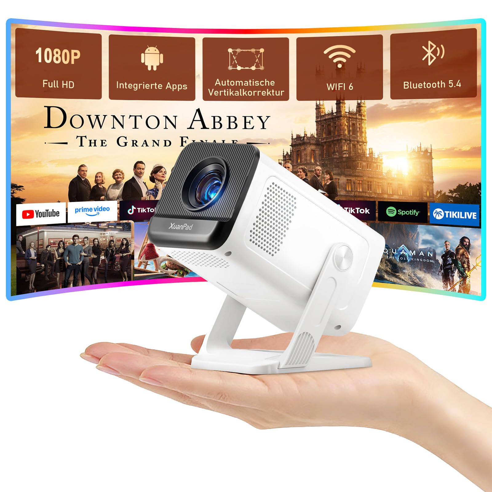[Mini Beamer & Offizielle Lizenzierte App] XuanPad White Smart Beamer 4K Unterstützung 22000 Lumen mit WiFi und Bluetooth, Tragbarer Native 1080P Outdoor Projektor mit 360° Ständer