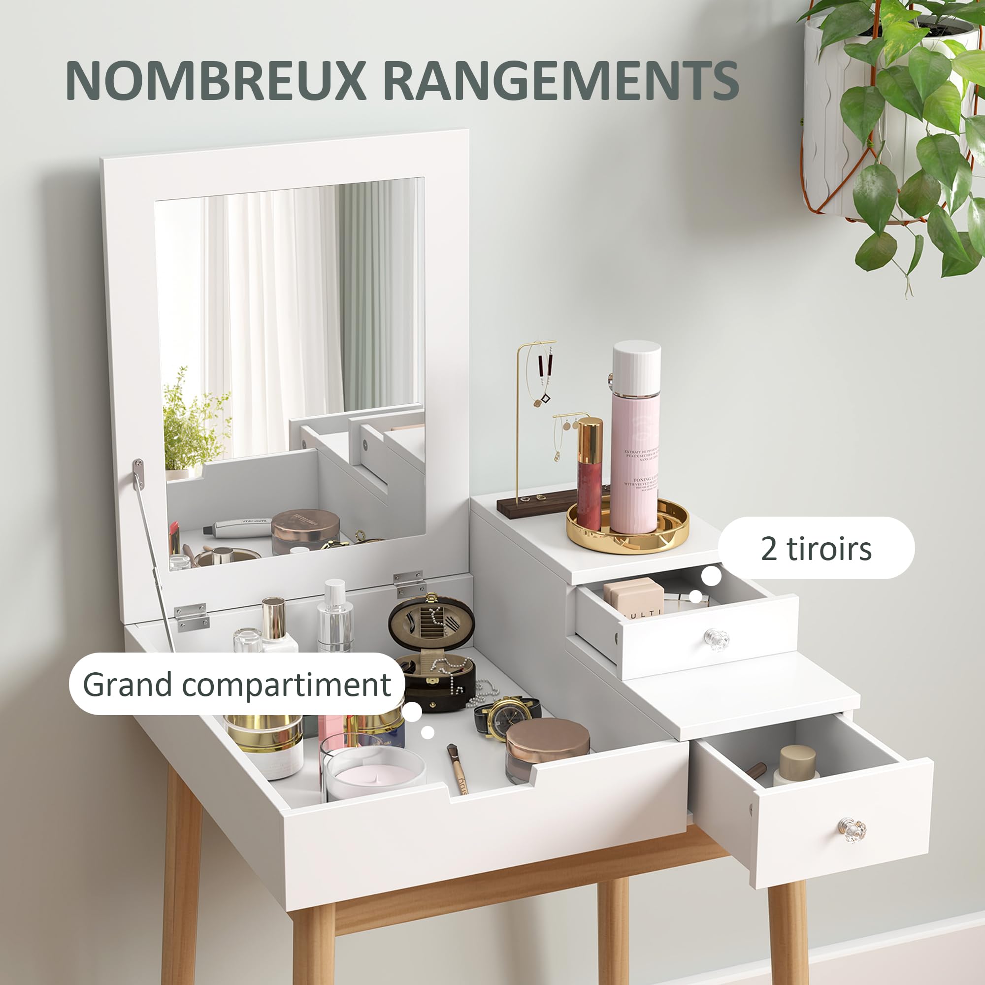 HOMCOM Coiffeuse avec Miroir Table de Maquillage Style Moderne - 2 tiroirs, Miroir Rabattable pour Chambre à Coucher, Salon, 60 x 50 x 85,5 cm Blanc