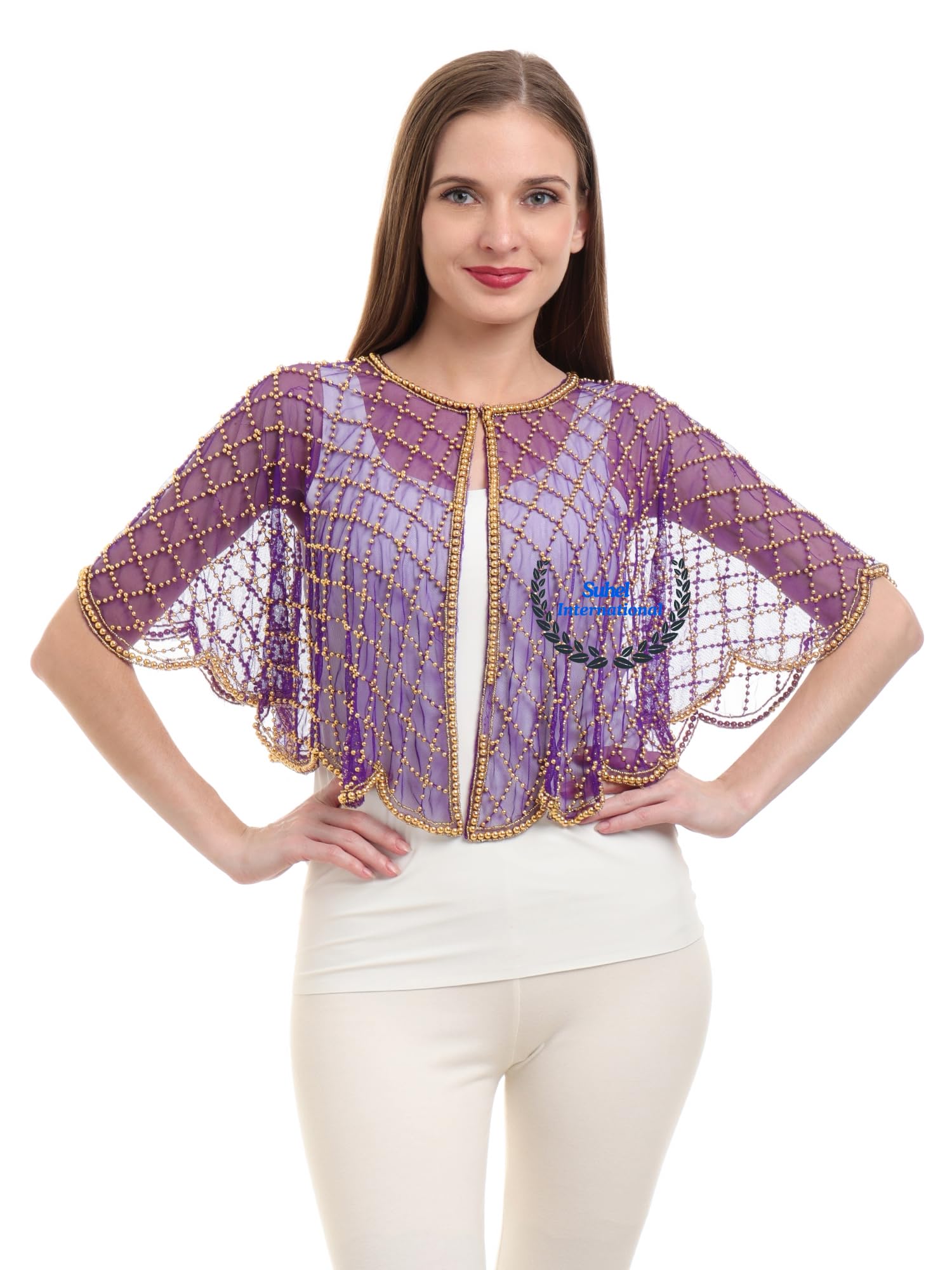 Women's Net Hand Bead Embroidery Designer Short Cape Poncho-picture-10
