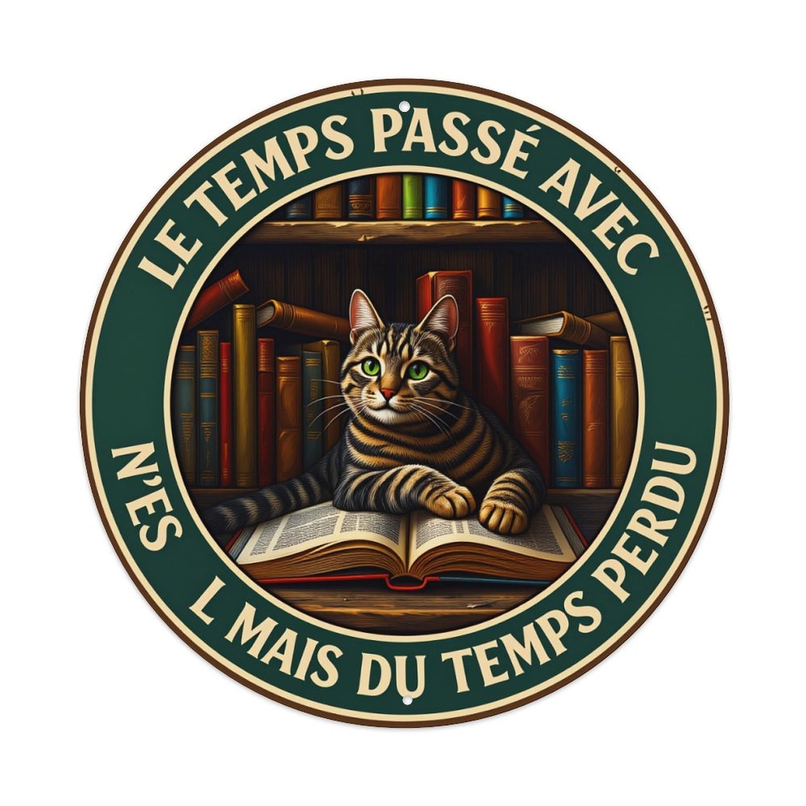 Cat Bookshelf Library Reading Wisdom Round Tin Sign Vintage Style Metal Sign Home Bar Garden Wall Plaque Decor Metal Poster 8x8 Inch