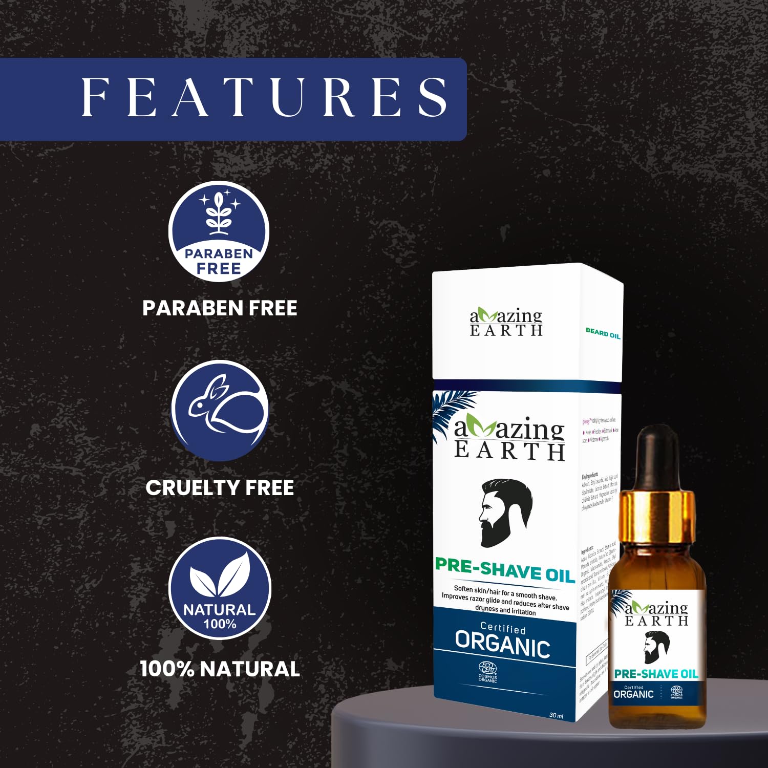 AMAzing EARTH Certified Organic Pre-Shave Oil - with Olive, Argan & Apricot Oil, Soft Stubble, Moisturizing, Silicone & Minerals Free, Sulphates & Parabens Free, Vegan & Cruelty Free - 30ml 3