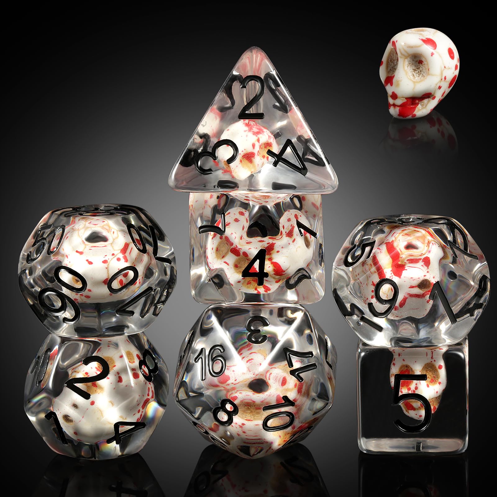 Blood Spot Skull D&D Dice, DNDND Skull Resin Dice Set with Velvet Pouch for Dungeons and Dragons DND Role Playing Games and Tabletop Games (Blood Spot Skull)