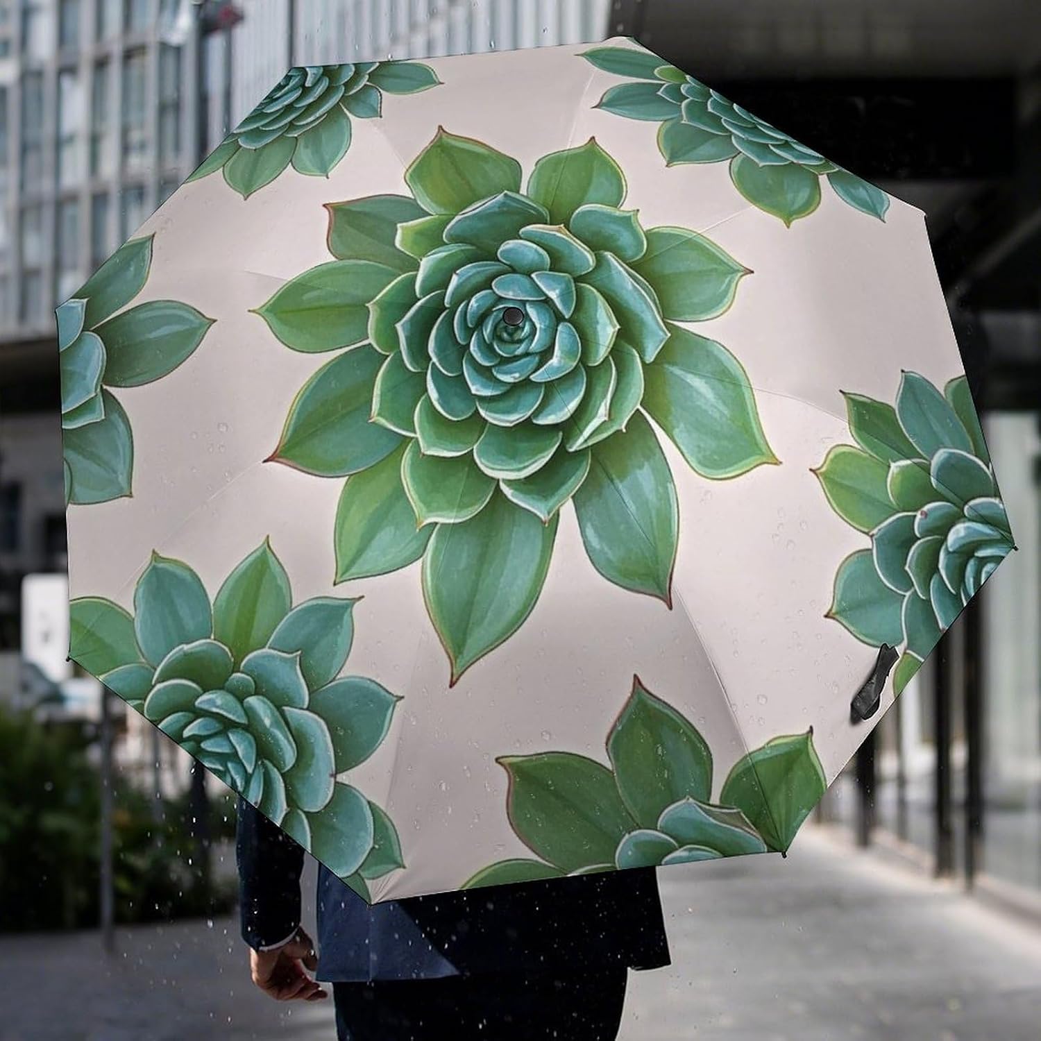 Green Succulent Pattern Umbrella for Rain Golf Umbrella | 43.3 inch Travel Portable Automatic Folding Umbrella for Rain Lightweight Travel Umbrella for Women Men