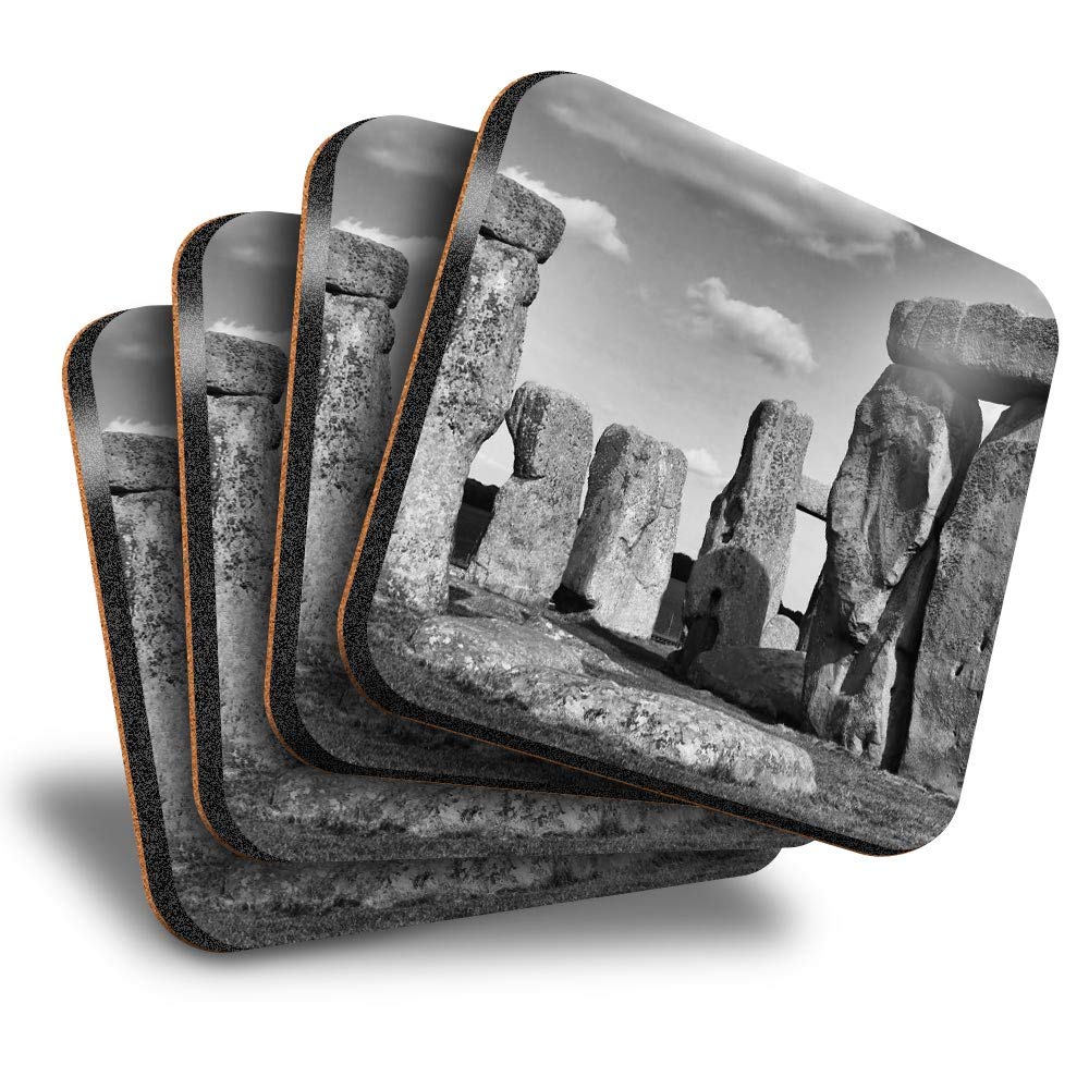 Destination Vinyl Ltd Multicolor Great Coasters (Set Of 4) Square - Bw - Stonehenge Wiltshire England Drink Glossy Coasters/Tabletop Protection For Any Table Type #35047