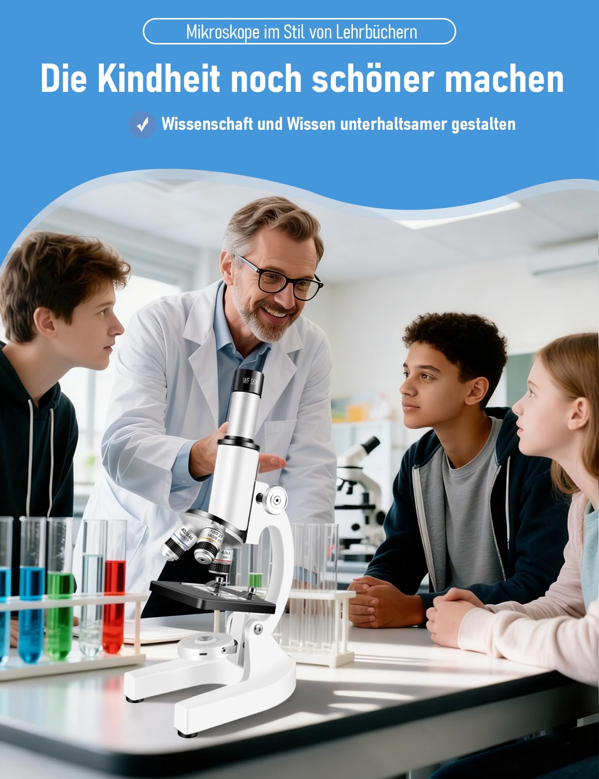 Monokulares Mikroskop, 40- bis 2000-fache Vergrößerung, mit Smartphone-Adapter, inklusive Objektträgern Heimschul-Labor Kindermikroskop-Set für Schüler (Schwarz-Weiß)