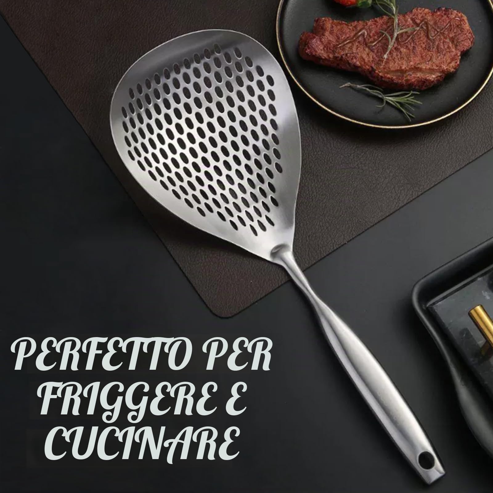 KAYCROWN Schiumarola scanalata, in acciaio inox 304, mestolo per schiumarola, colino per cucinare e friggere, colino per pasta, frittura, cucina
