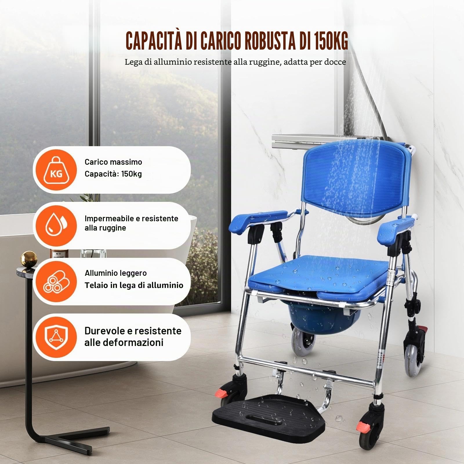 Sedia Comoda WC per Anziani con Rotelle, Capacità di Carico:150kg | Sedia Doccia Disabili con Ruote Pieghevole, Sedia a Rotelle Doccia con Seduta e Schienale Comodi, Quattro Ruote con Freni