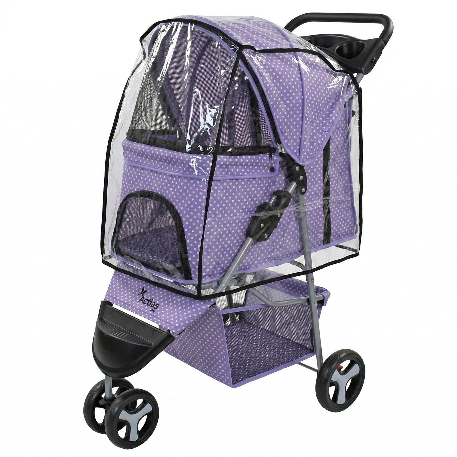 Actiaspet Foldable Pet Stroller with Weather Cover & Swivel Wheels – Dog & Cat Pushchair – Lightweight Pet Buggy – 15kg Capacity (Purple Dot, Stroller + Cover)