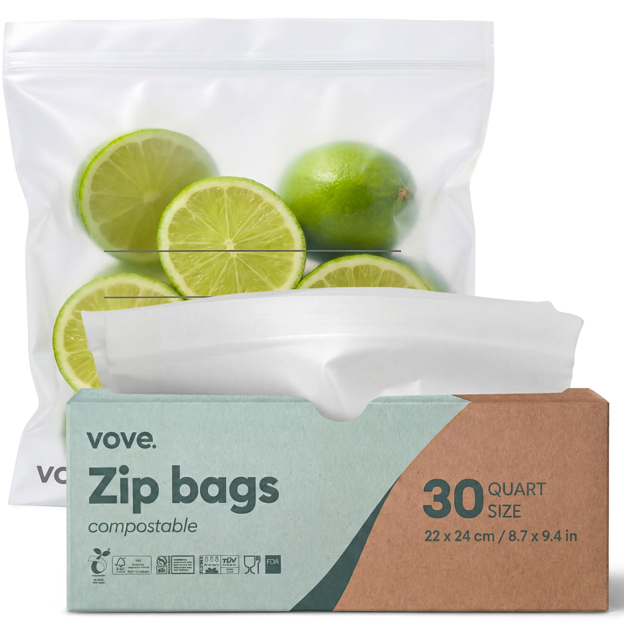 Vove Compostable 1 Litre Bags 30 Count, Plastic-Free Zip Bags for Leftovers Marinades and Meal Prep, PFAS-Free BPI Certified, Freezer Safe Airtight Seal, Plant-Based