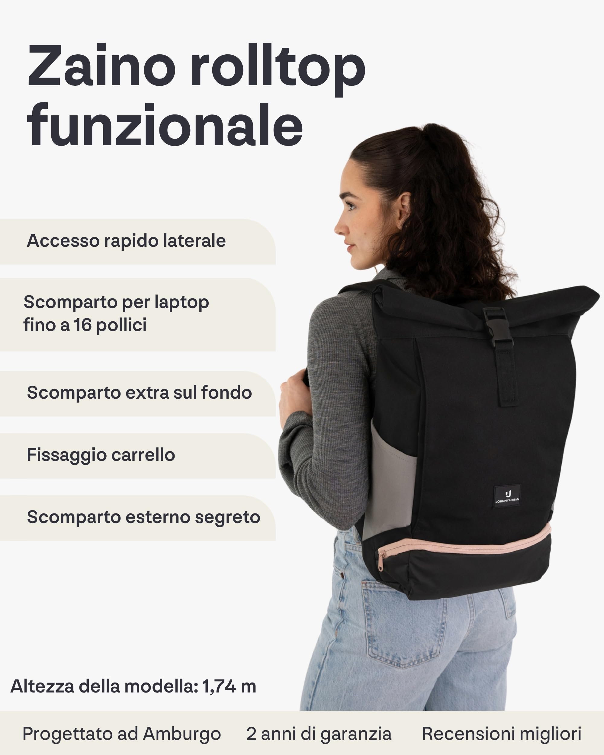 Johnny Urban Zaino Porta PC Donna e Uomo - Allen Medium - Rolltop per Lavoro Viaggio Università - Scomparto per Laptop 16 Pollici - 15-18L - Idrorepellente