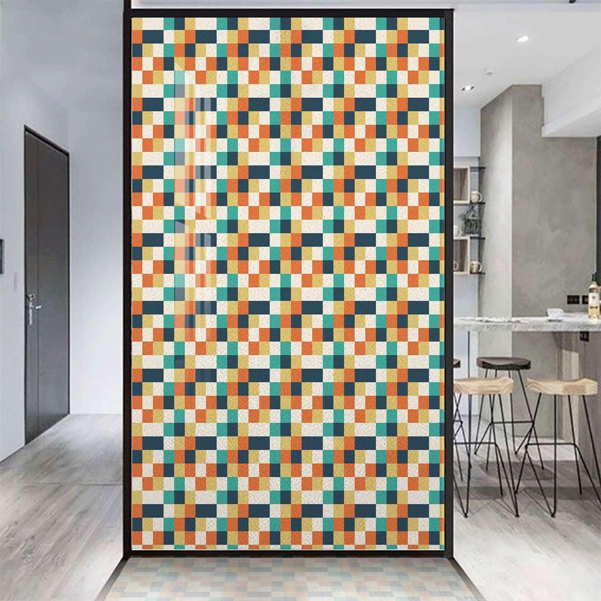 Blue Green Window Sticker Non-Adhesive Glass Film Antique Floral Texture Doodle Window Film Non-Adhesive Frosting Privacy Film Abstract 31.5Wx62.9L-inch
