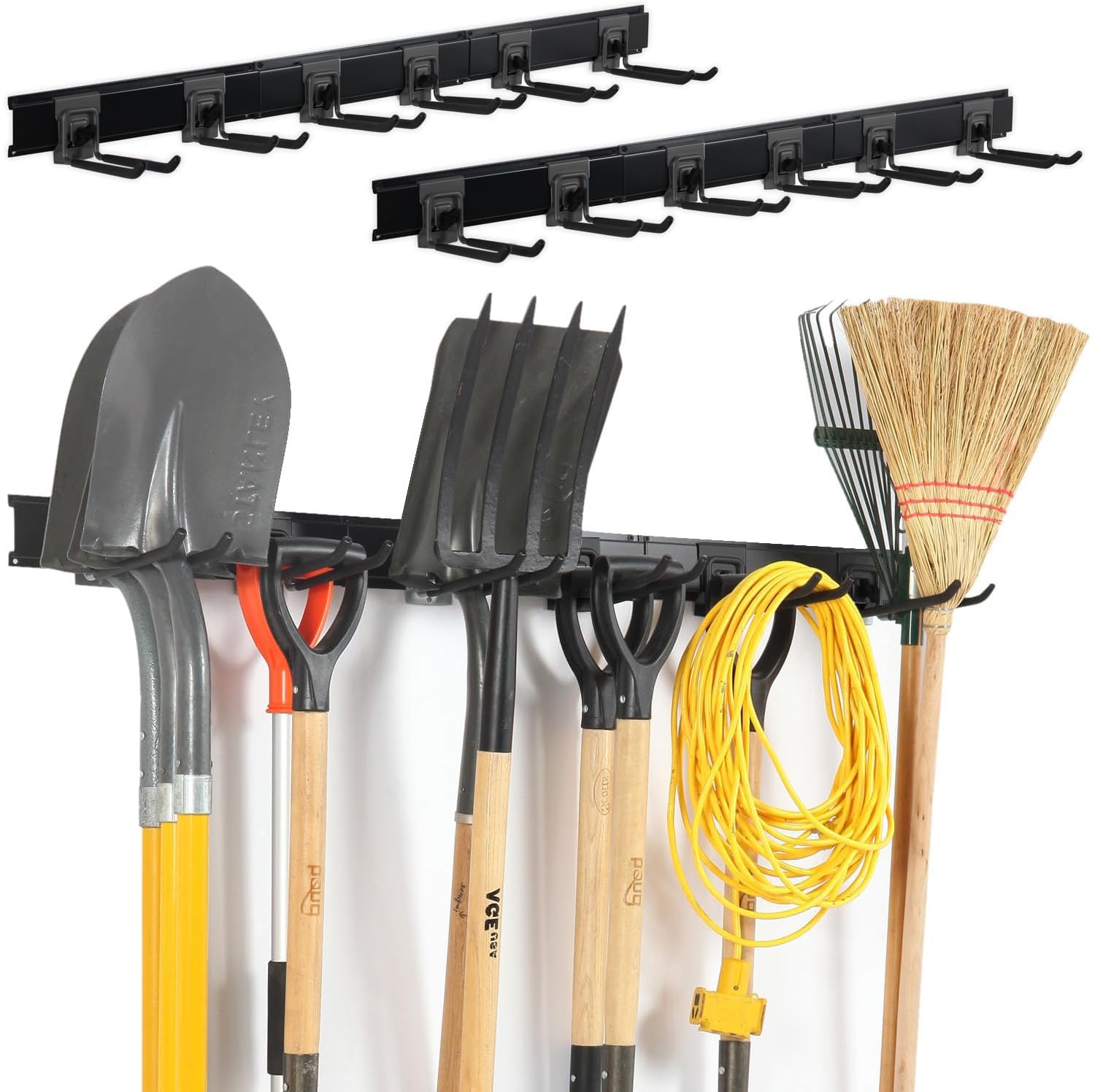 Aking Ace Garage Organization Wall Mount,96inch Garden Tool Organizer with 6 Clamping Hooks, Heavy Duty, Garage Hanging Storage Rack for Yard Tools,