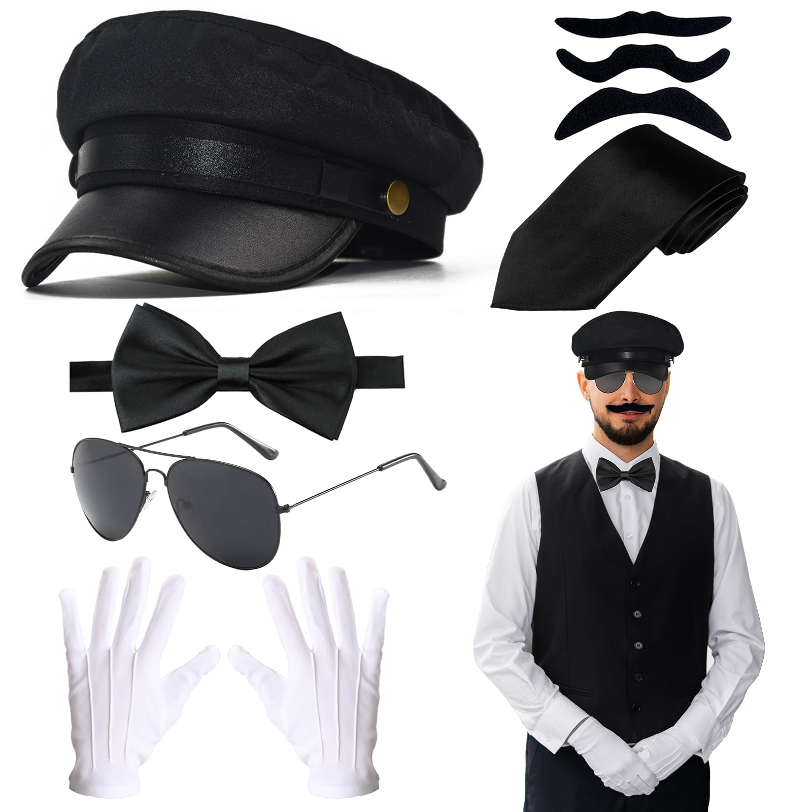 8 Pc Chauffeur Accessories, Novelty Limo Driver Costume with Black Taxi Driver Hat Sunglasses Bow Tie Gloves Fake Beard for Adults 1920s Gangster Theme Party Cosplay Dress up (Chauffeur)