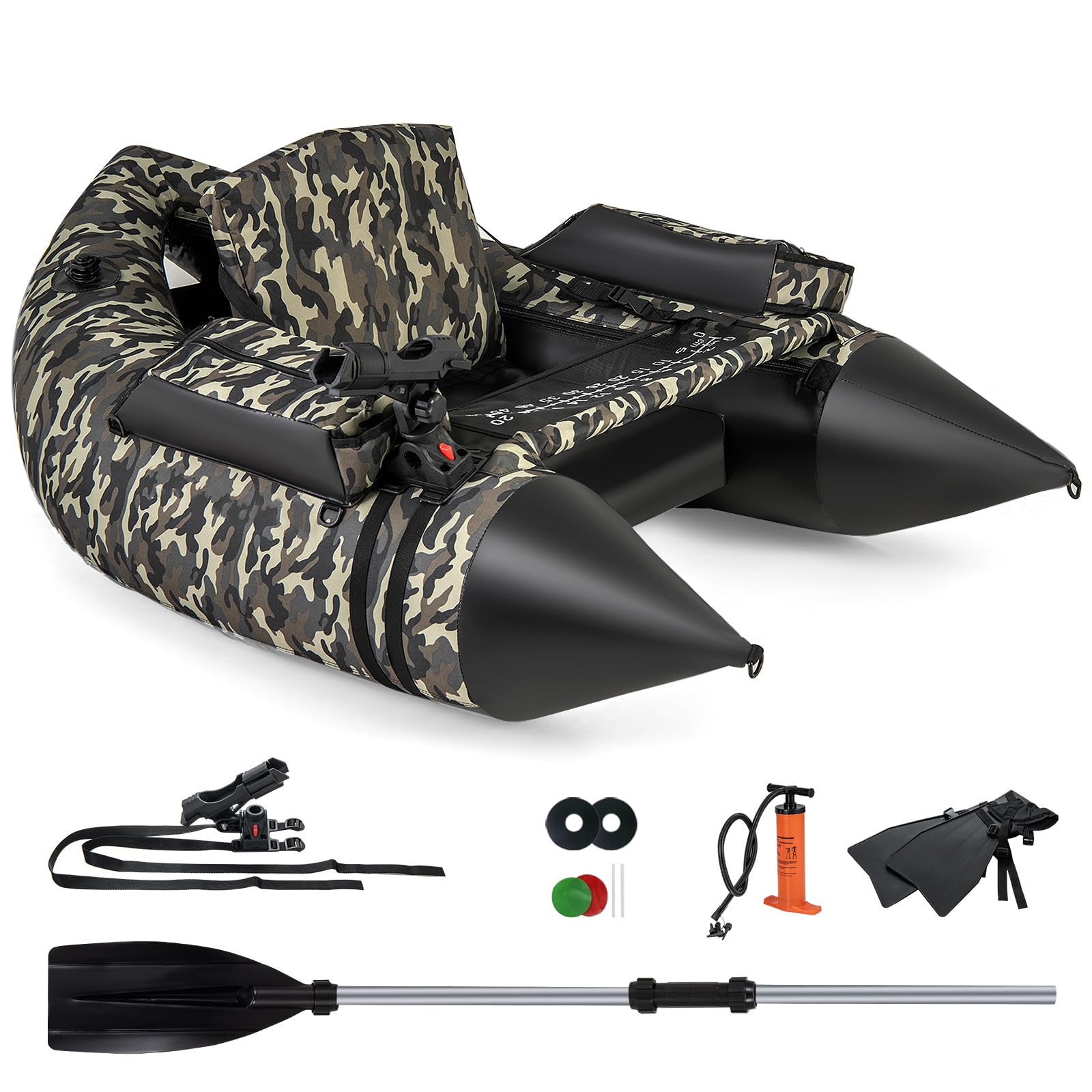 GYMAX Bote de Pesca Hinchable en Forma de V con Soporte para Caña, Almacenamiento de Equipo, Delantal de Pelado, Barco de Pesca con Mosca con Aletas, Remo, Bomba, Camuflaje