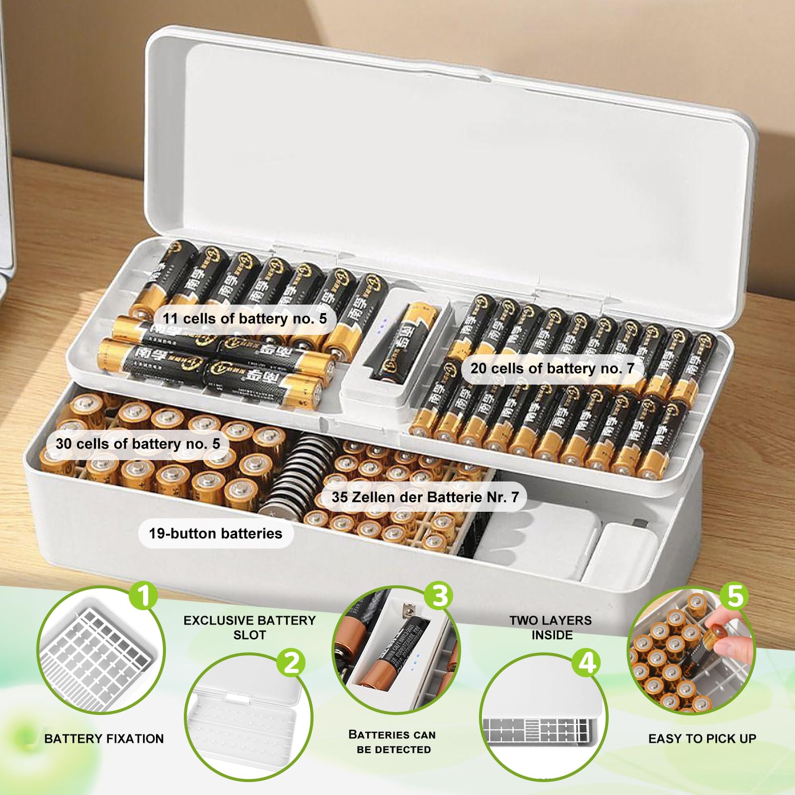 Batterijopbergdoos met batterijtester, dubbellaagse kunststof