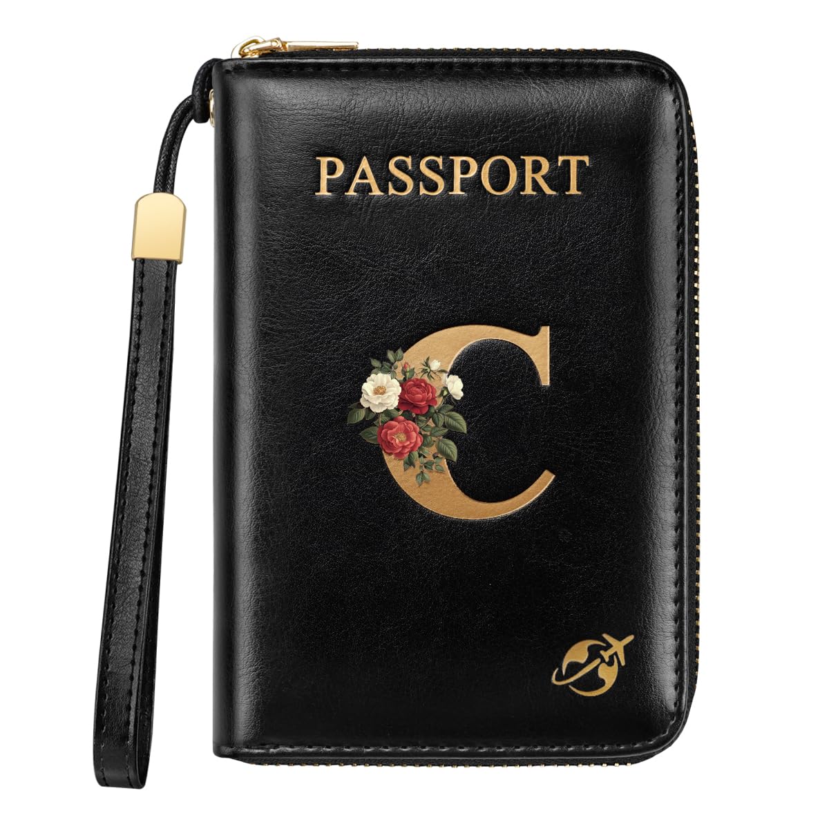 Passport Holder Cover Wallet with Zipper Personalized Initial Letter Rose Flower RFID Blocking Travel Wallets Credit Cards Holder for Women, Gift for Wife and Girlfriend, Letter C-image-42