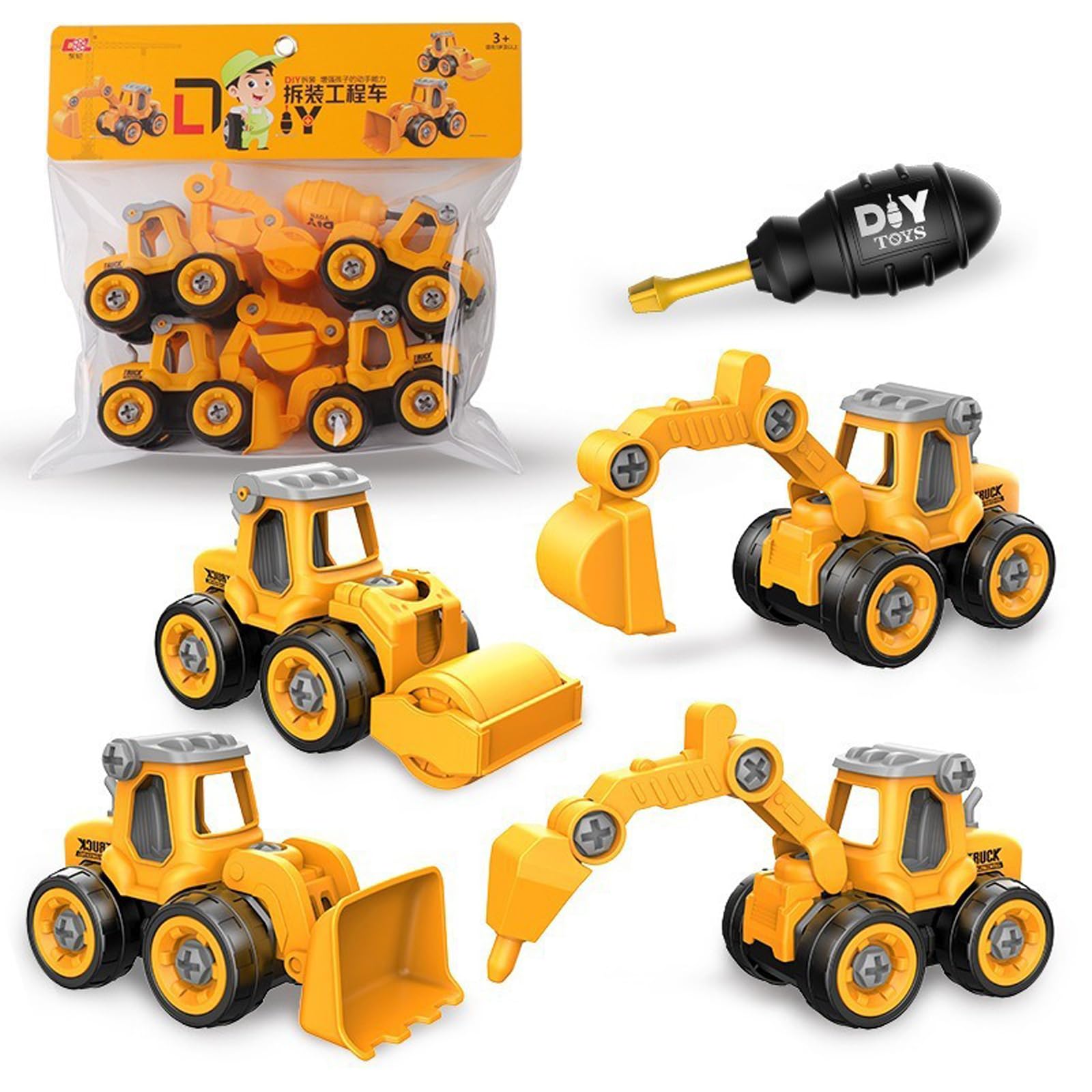 Ensemble de 4 véhicules de Chantier démontables Jouet éducatif Démontable Modèle réduit d'excavatrice Véhicule d'ingénierie Jouet pour garçons