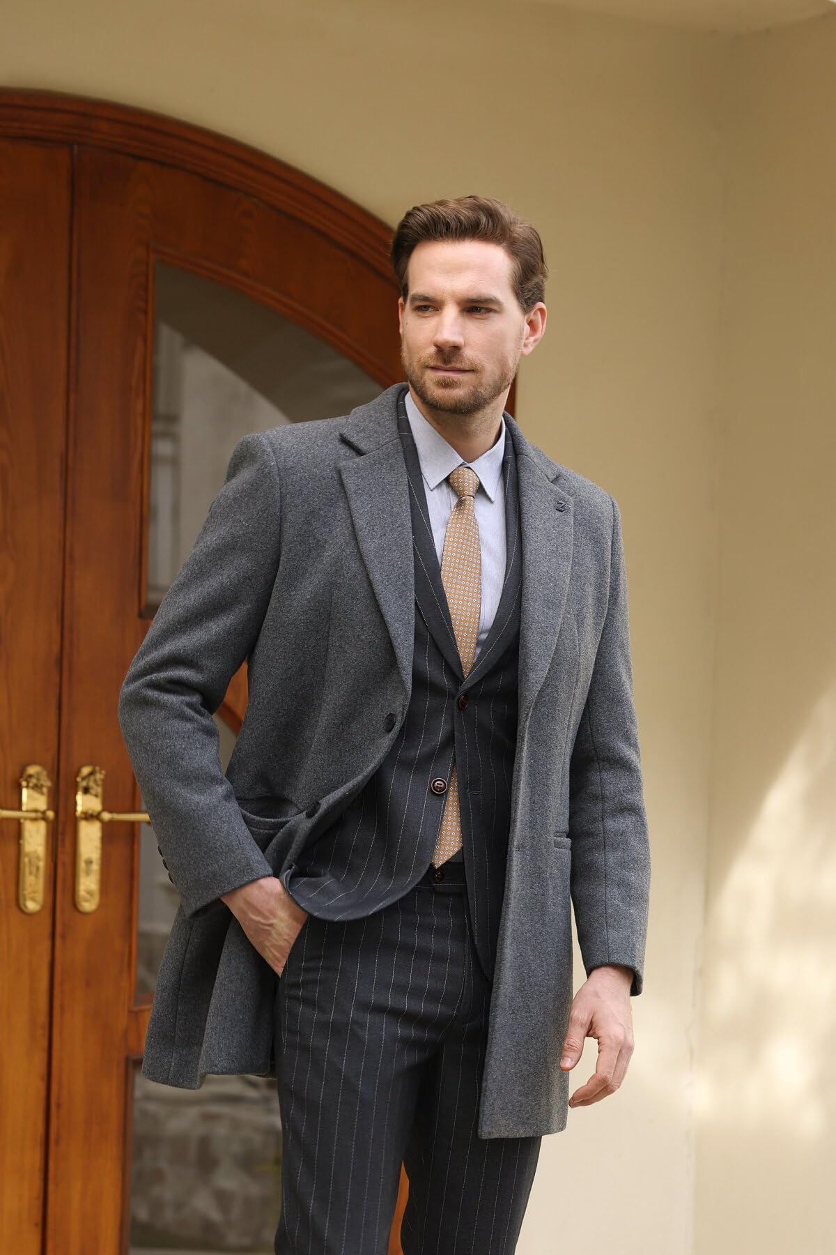 Allthemen Herren Wintermantel Slim Fit Lang Wollmantel mit Stehkragen Warm | Business Casual, Wolle, Mäntel, Winterjacke, Peacoat, Gefüttert, Trenchcoat, Einreihig, mit Knopfleiste