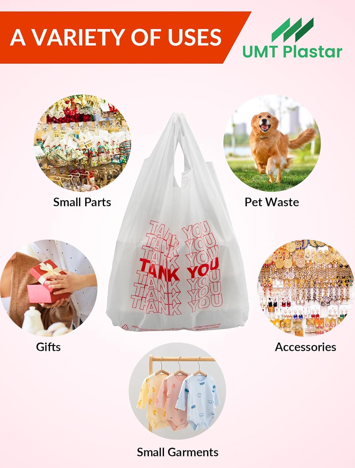 UMT Plastar 2000 Count Small Economy 'Thank You' White T-Shirt Bags, 8"x4"x15.5" (1/10 Size), 13 Mic, Retail, Boutique, Grocery, Bulk Shopping