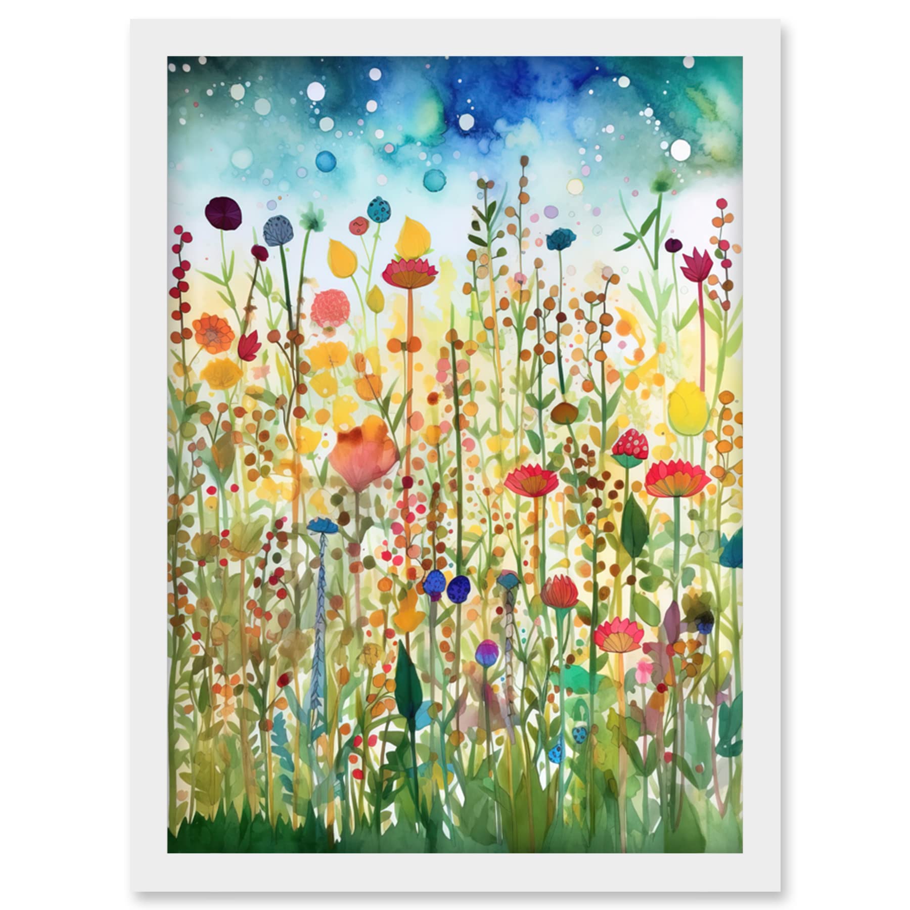 Artery8 Wildflower Meadow Folk Art Artwork Framed Wall Art Print A4