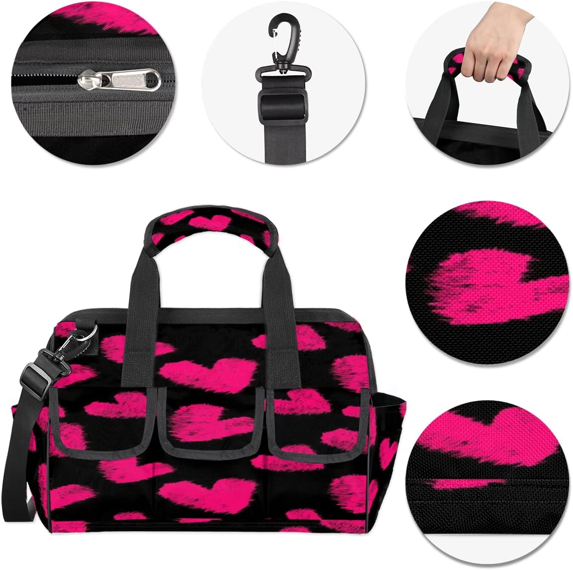 Pink Love Heart Tool Bag for Men Women Heavy Duty Multi-Pockets Wide Mouth Tool Tote Waterproof Tool Bag Organizer with Adjustable Shoulder Strap
