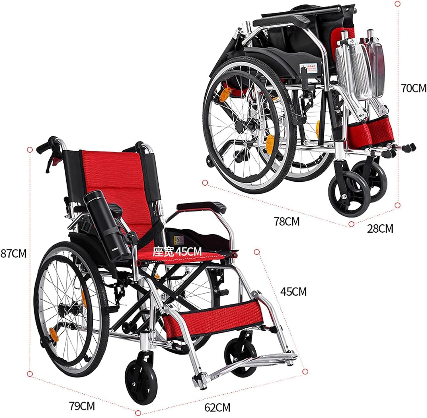 Silla de Ruedas Manual Ligera con Pedal Telescópico Plegable Silla de Ruedas Manual Ligera Plegable