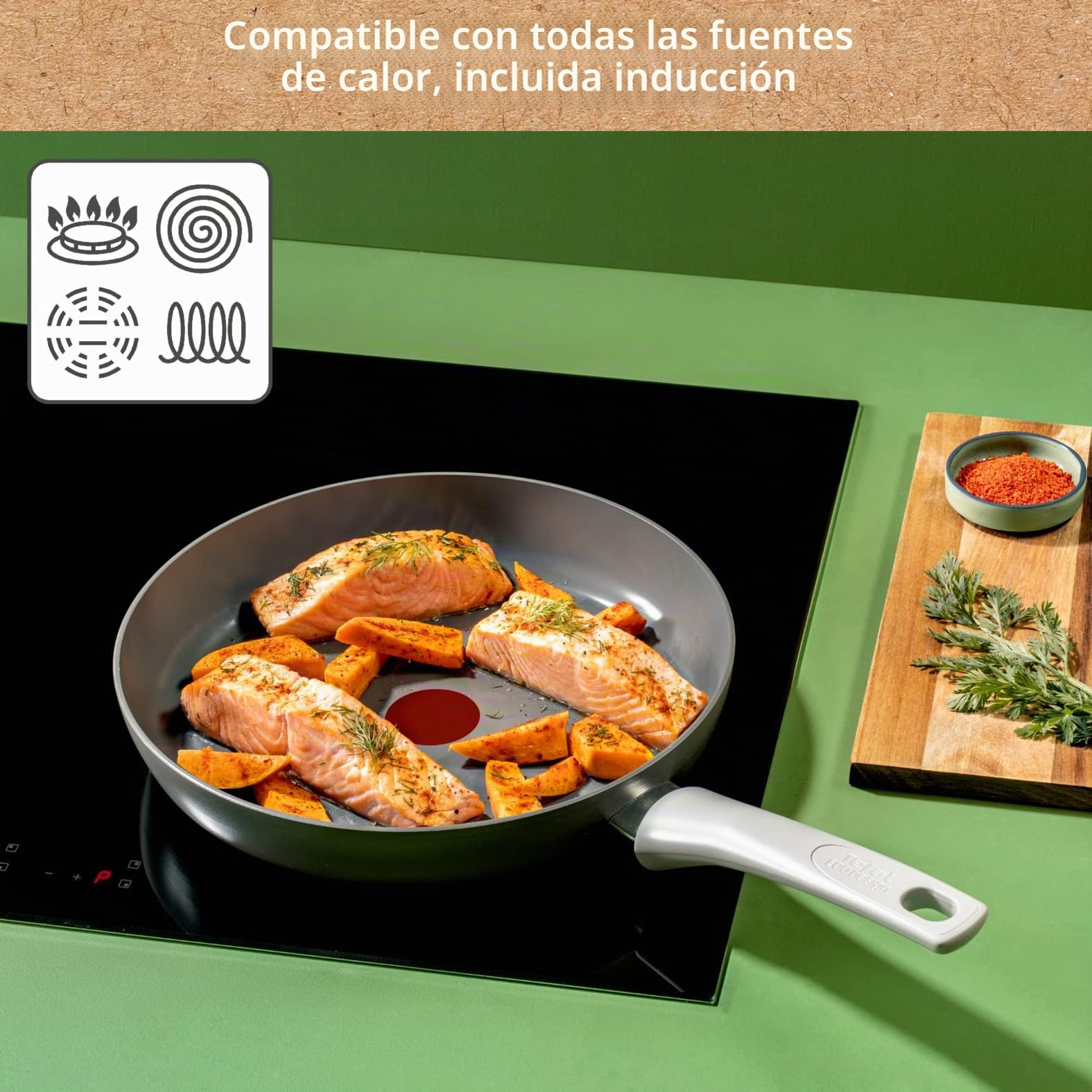 Tefal Renew On - Sartén (24 cm, Revestimiento Antiadherente cerámico, inducción, indicador de cocción Termo-Signal, Eco-diseño, Cocina Saludable, Fabricada en Francia C4270432, Gris | Sartén de inducción de cerámica para una cocción saludable sin grasa -