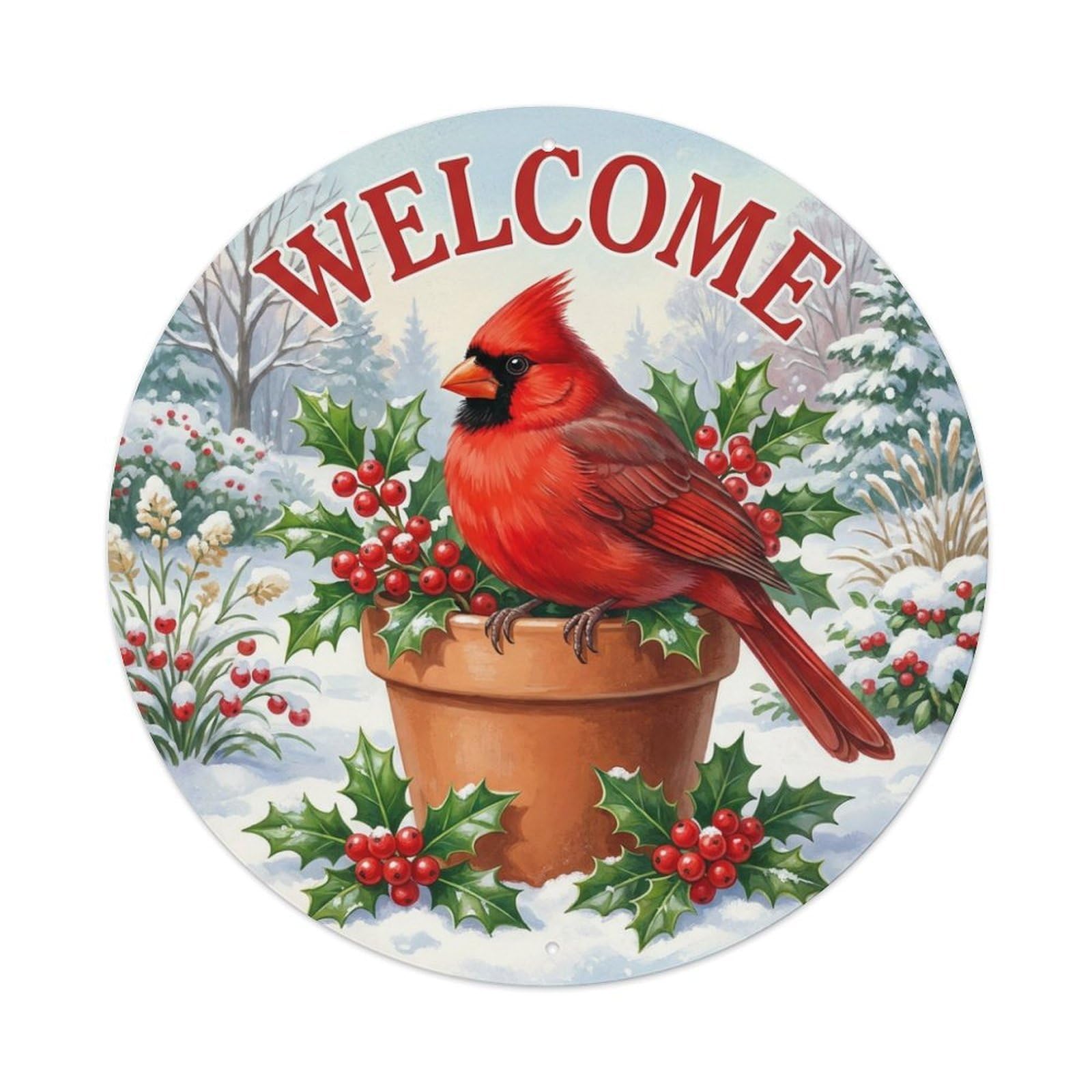 Welcome Cardinal Holly Berry Metal Tin Sign
