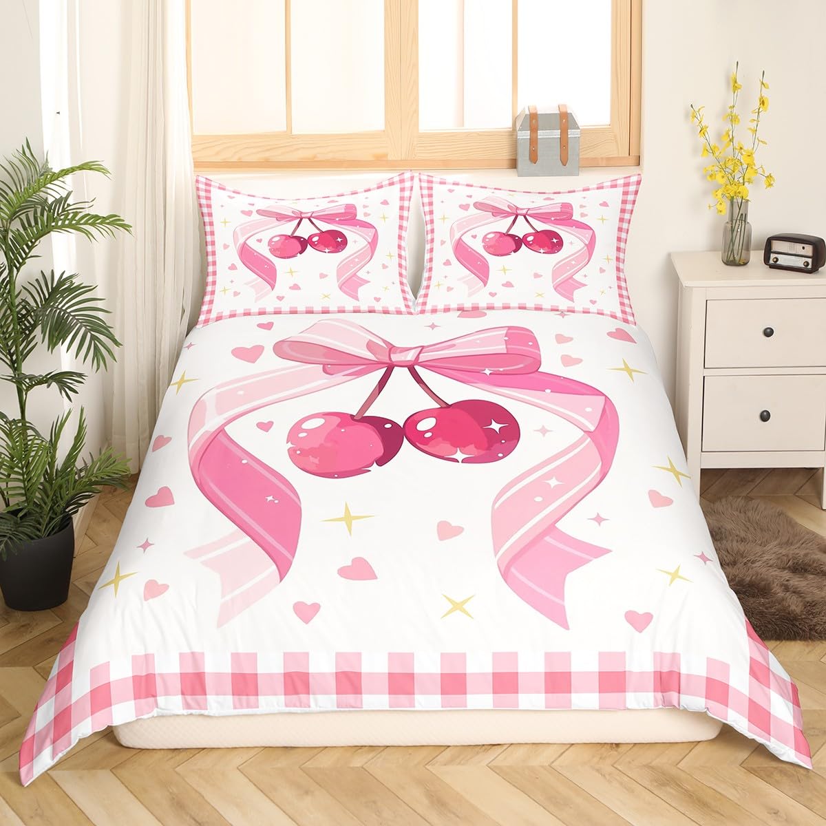 Homemissing Pink Bowknot Duvet Cover Set Cot Size For Kids Girls Toddler Women Cute Bow Cherry Bedding Set Love Heart Comforter Cover with 1 Pillowcase Dreamy Princess Style Beds Set - Image 2