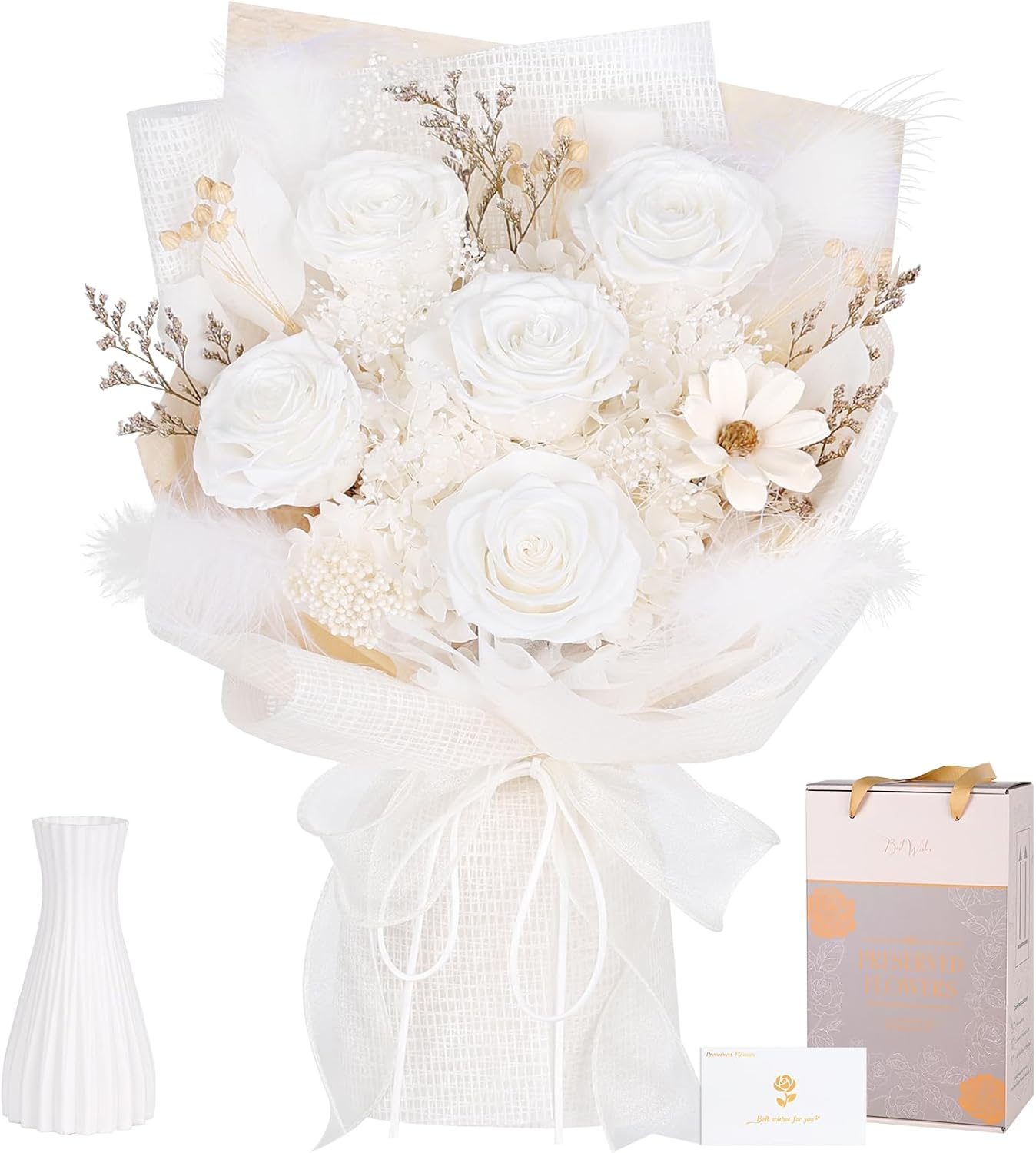 Preserved Bouquet of Flowers - 5 Roses & Flowers for Delivery, Real White Forever Flower, Eternal Roses Bouquet, Anniversary Birthday Valentine Gifts for Women Men Mom Grandma Her Wife Girlfriend