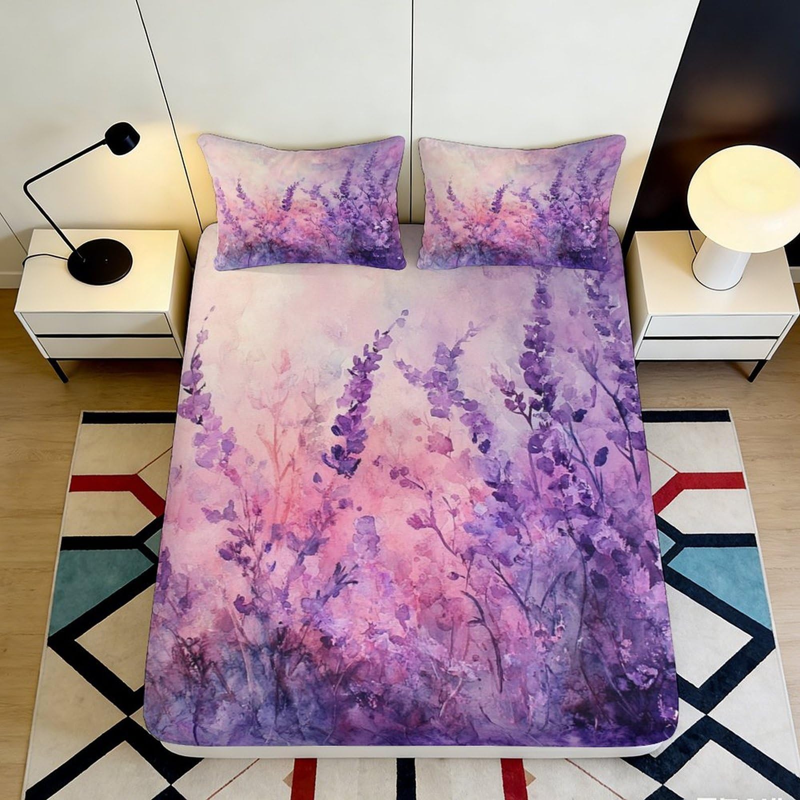 3D Printed Lavender Meadow Fitted Sheet Microfiber Soft Purple Floral Mattress Cover for Bedroom Dorm Decor Protection 90x200x25cm