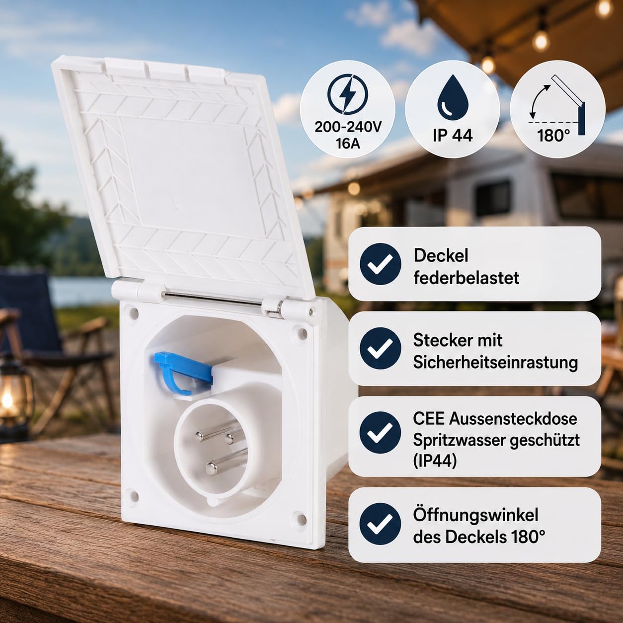 CEE enchufe de exterior blanco contra salpicaduras de agua. 200 – 240 V, 16 A, 3 pines IP44