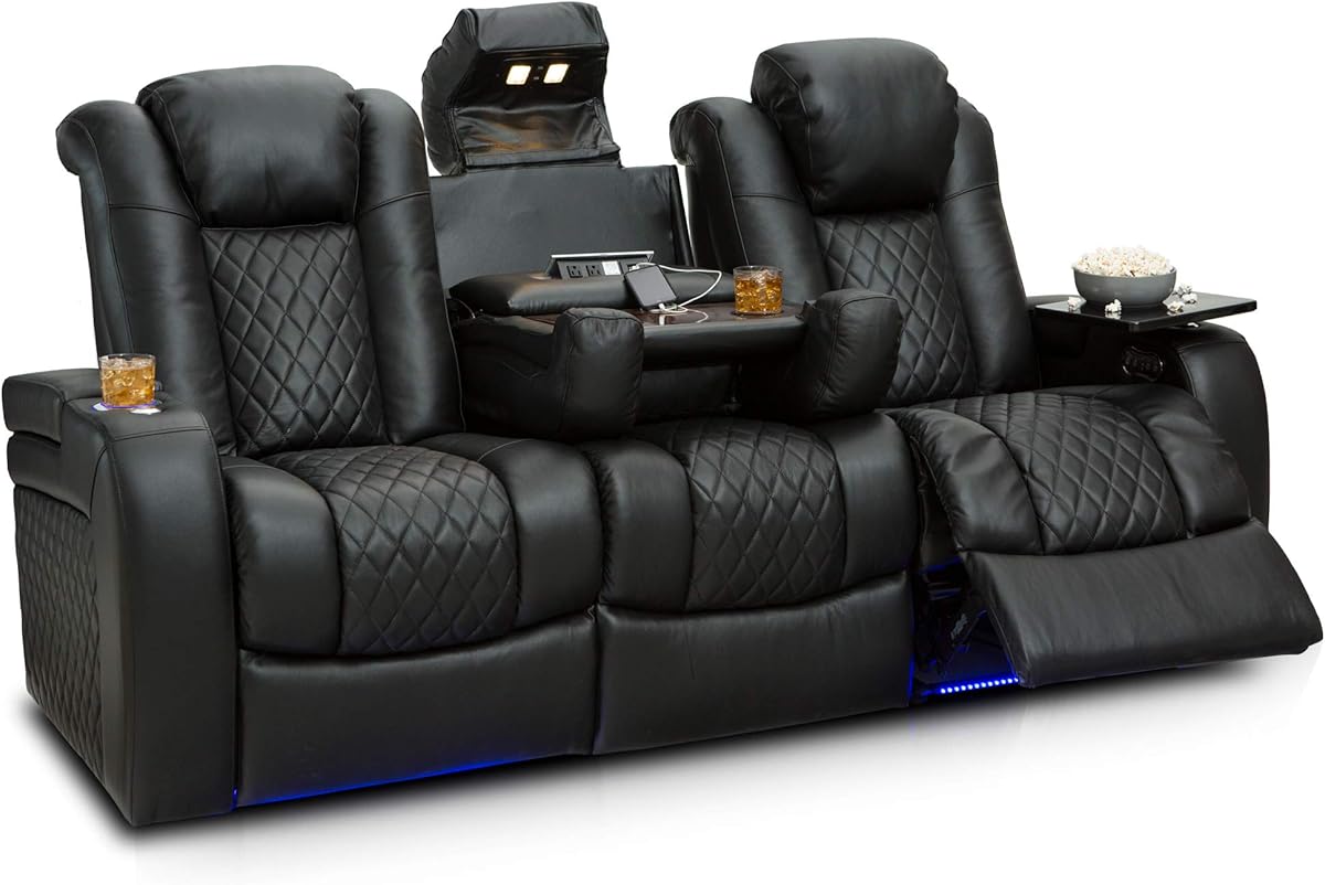 Seatcraft Anthem Home Theater Seating - Italian Leather - Power Recline Sofa - Fold-Down Table - Powered Headrests - Arm Storage - USB Charging - Cup Holders, Black