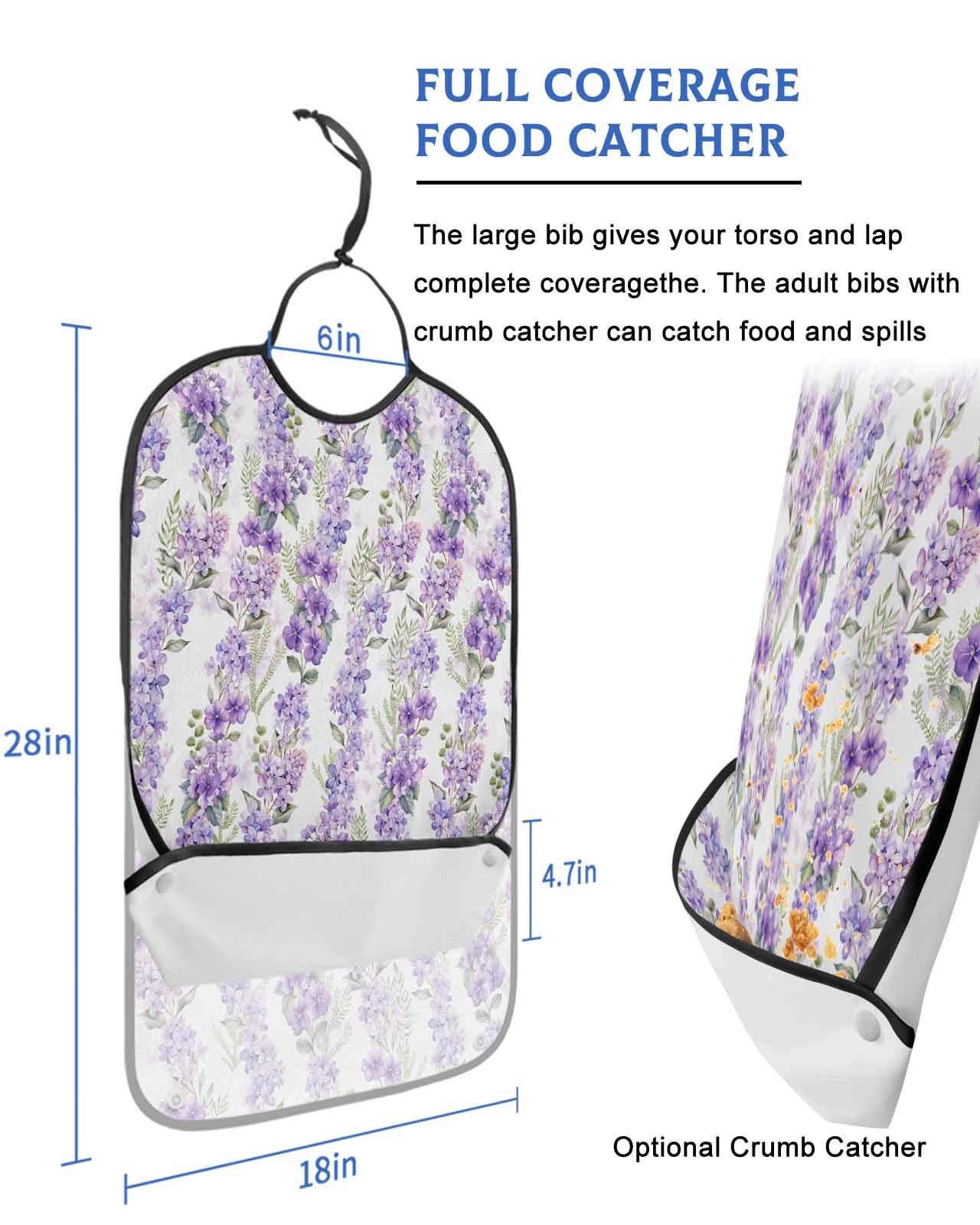 LEOKOTI Purple Spring Floral Botanical Adult Bibs for Eating, Waterproof Bibs with Food Catcher & Adjustable Snap Closure, Watercolor Summer Flower Washable Clothing Protectors Adult Bibs for Elderly