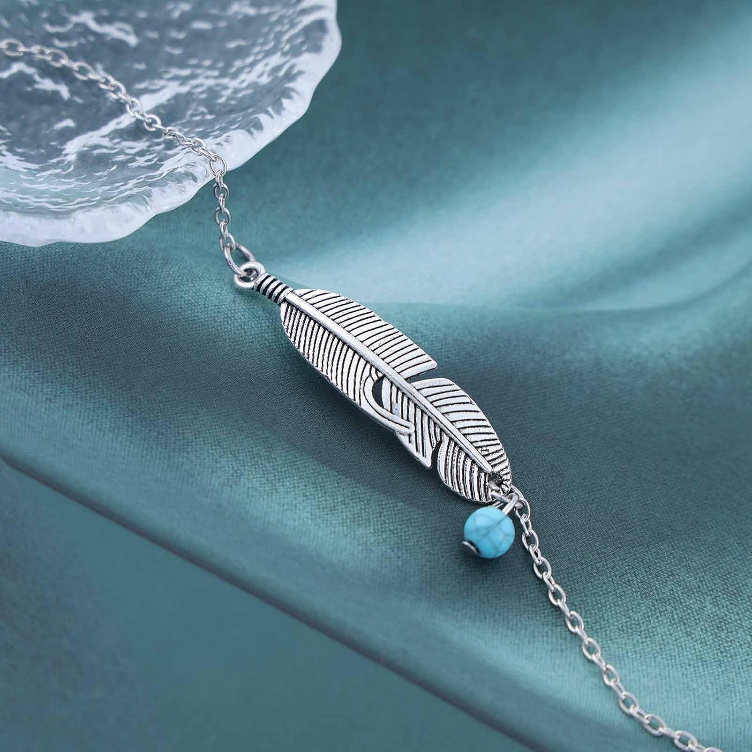 Bohemian Feather Turquoise Ankle Chain Bracelet Silver Feather Ankle Bracelet Round turquoise Stone Foot Chain Anklet Summer Beach Foot Chain Jewelry for Women Gifts - Image 4
