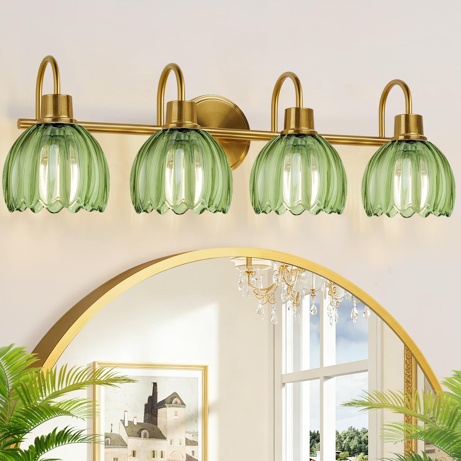 Photo 1 of 4-Light Bathroom Light Fixtures, 27" Brushed Gold Vanity Lights for Bathroom with Ribbed Green Tulip Glass Shade, Vintage Bathroom Vanity Lighting Fixtures Over Mirror for Bedroom Living Room Hallway