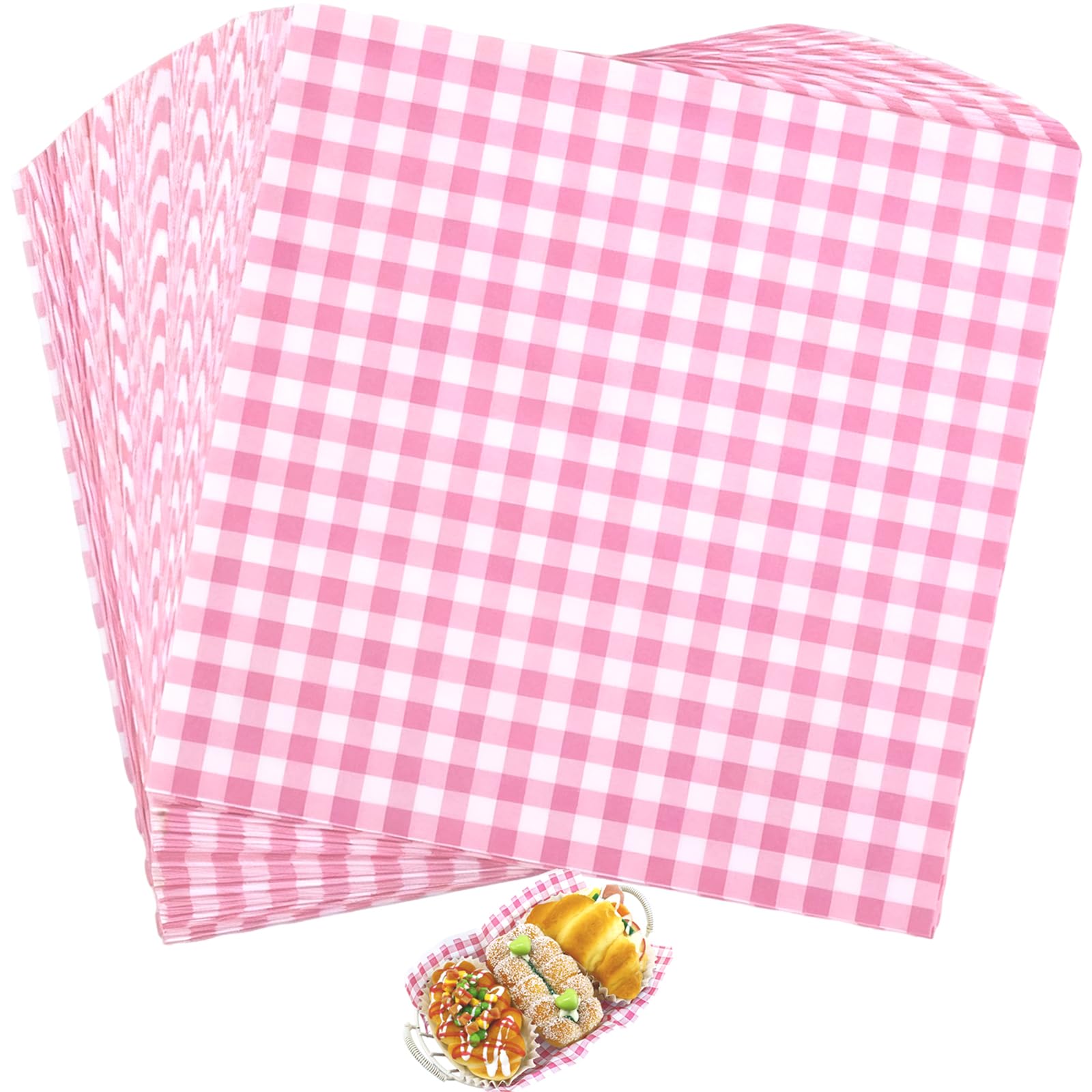 Photo 1 of 200 Pcs Pink Checkered Deli Paper, 7x7 Inch Waxed Food Wrapping Sheets - Grease Resistant Basket Liners for Burgers, Sandwiches, Bakery & Party Trays