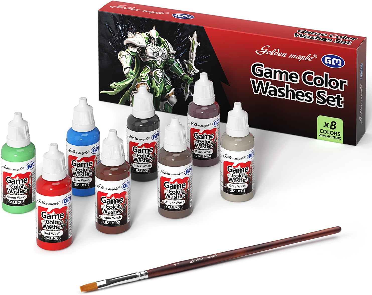 golden maple Game Color Washes Set, 8 Colors Quickshade Washes Paint Set, Miniature Paint Set with Flat Paint Brush, for Models, Miniatures, Game Figures and Crafts, 20ml, 0.67 Fl Oz