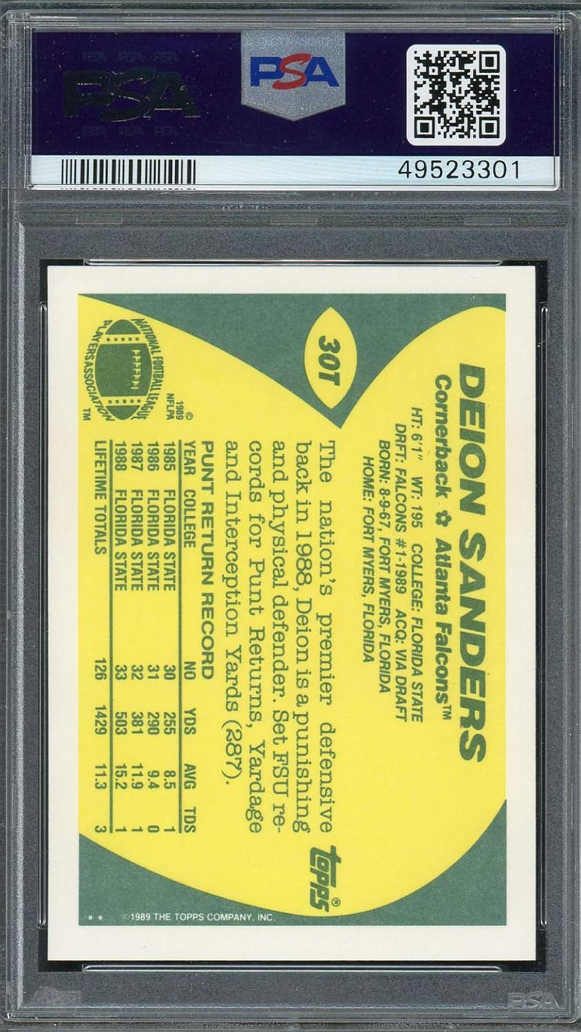 Deion Sanders 1989 Topps Traded Football Rookie Card #30T, PSA 10 GEM MINT (Cert# 49523301), Graded Football Cards PSA 10, Authenticated Collector’s Gem by Powers Sports Memorabilia