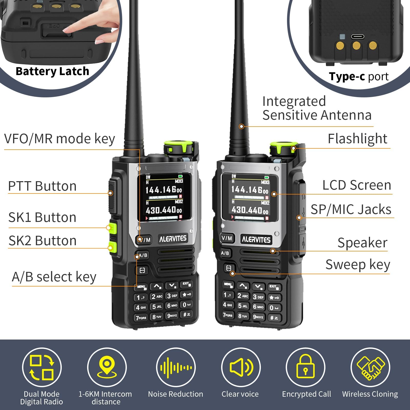AT-K61 2 ricetrasmittenti radioamatoriali dual band, 5 W, USB-C | ampio display LCD, tastiera completa, copia frequenza, riduzione del rumore, VOX, batterie ricaricabili, nero