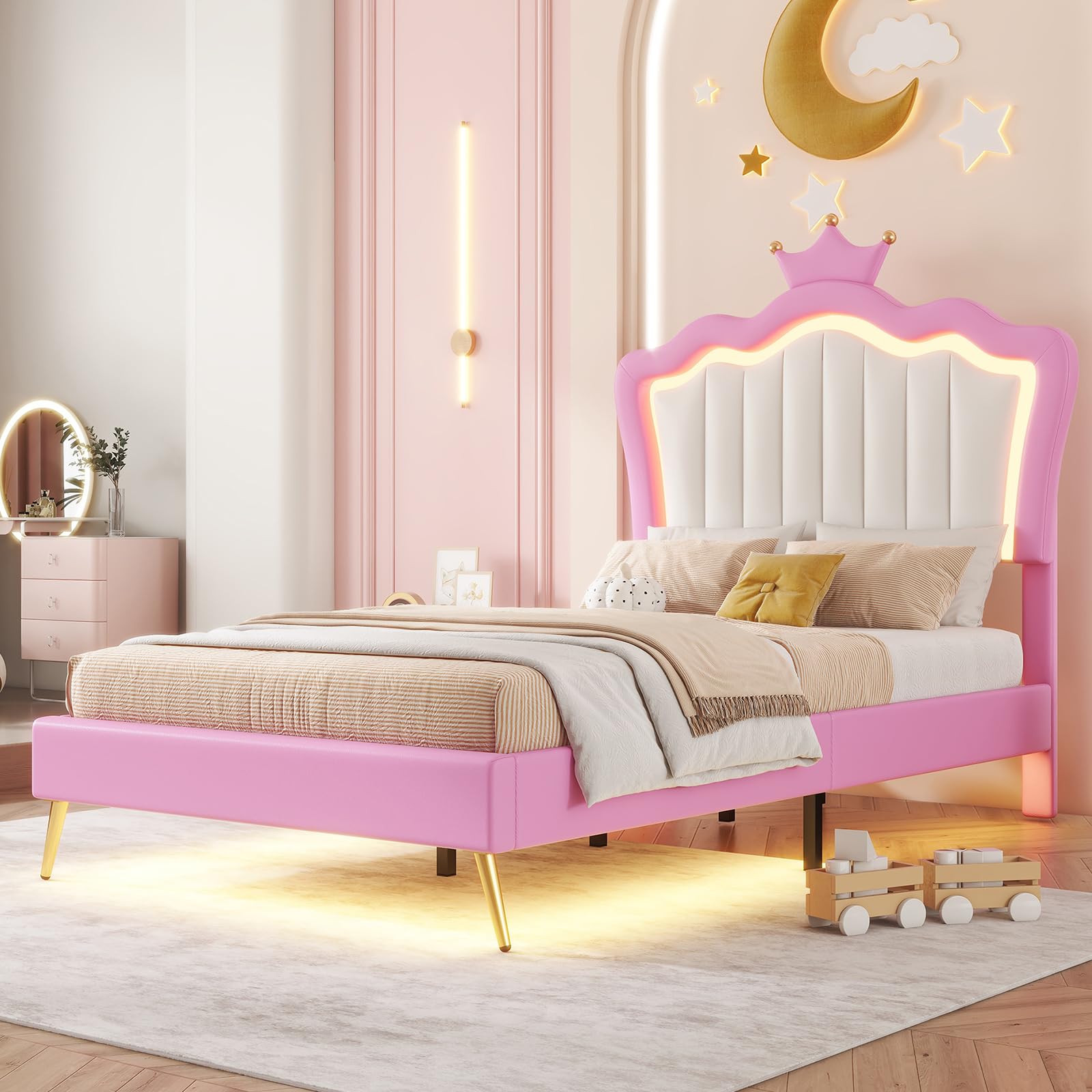 Fefances Modern Twin-Size Upholstered Princess Bed Frame with Integrated LED Lights & Elegant Crown Headboard - Perfect for a Stylish Bedroom?Pink+White