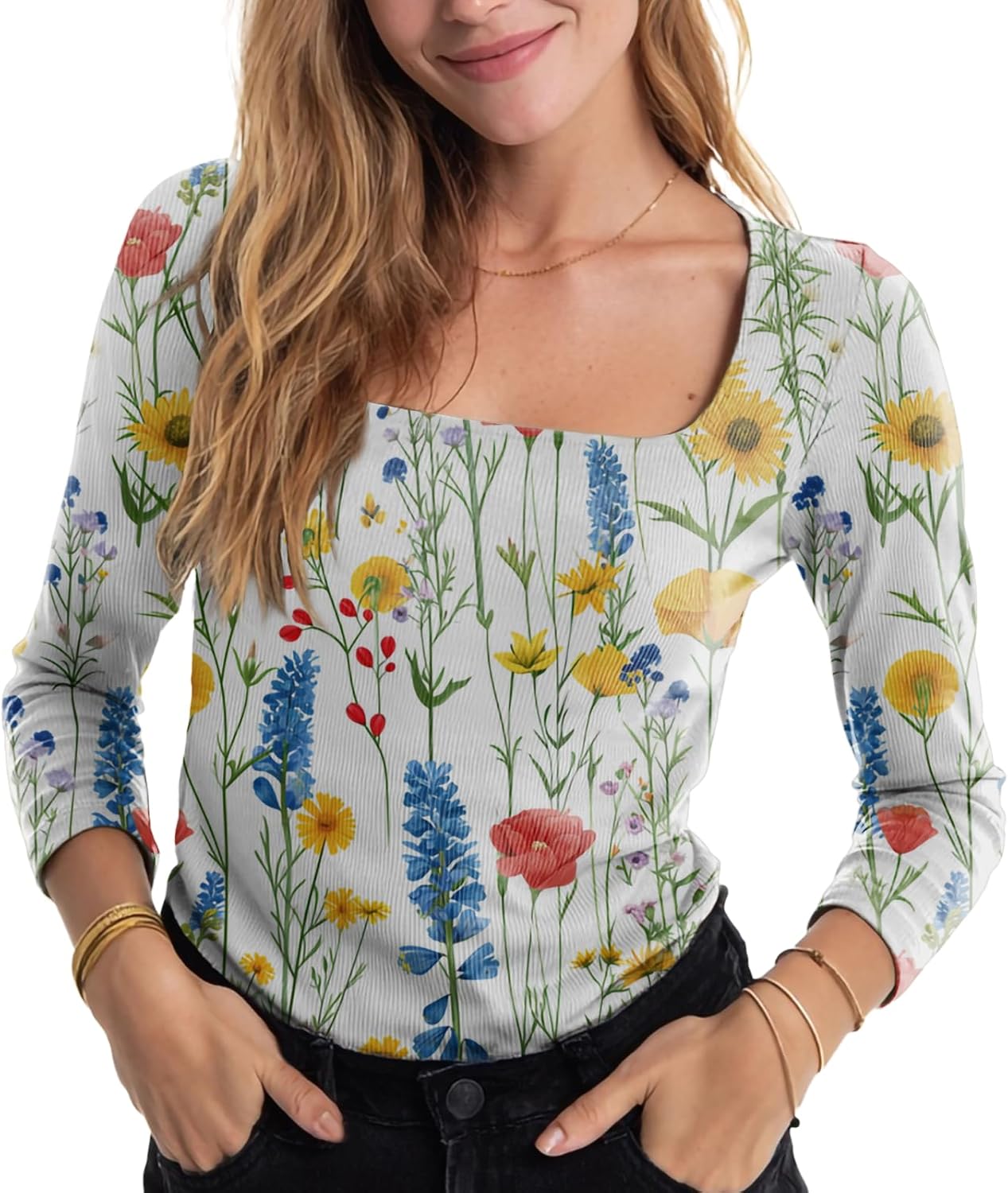 MARSVOVO Trendy Casual Long Sleeve Shirts for Women Ribbed Slim Fitted Crop Tops Spring Fall Basic Tops