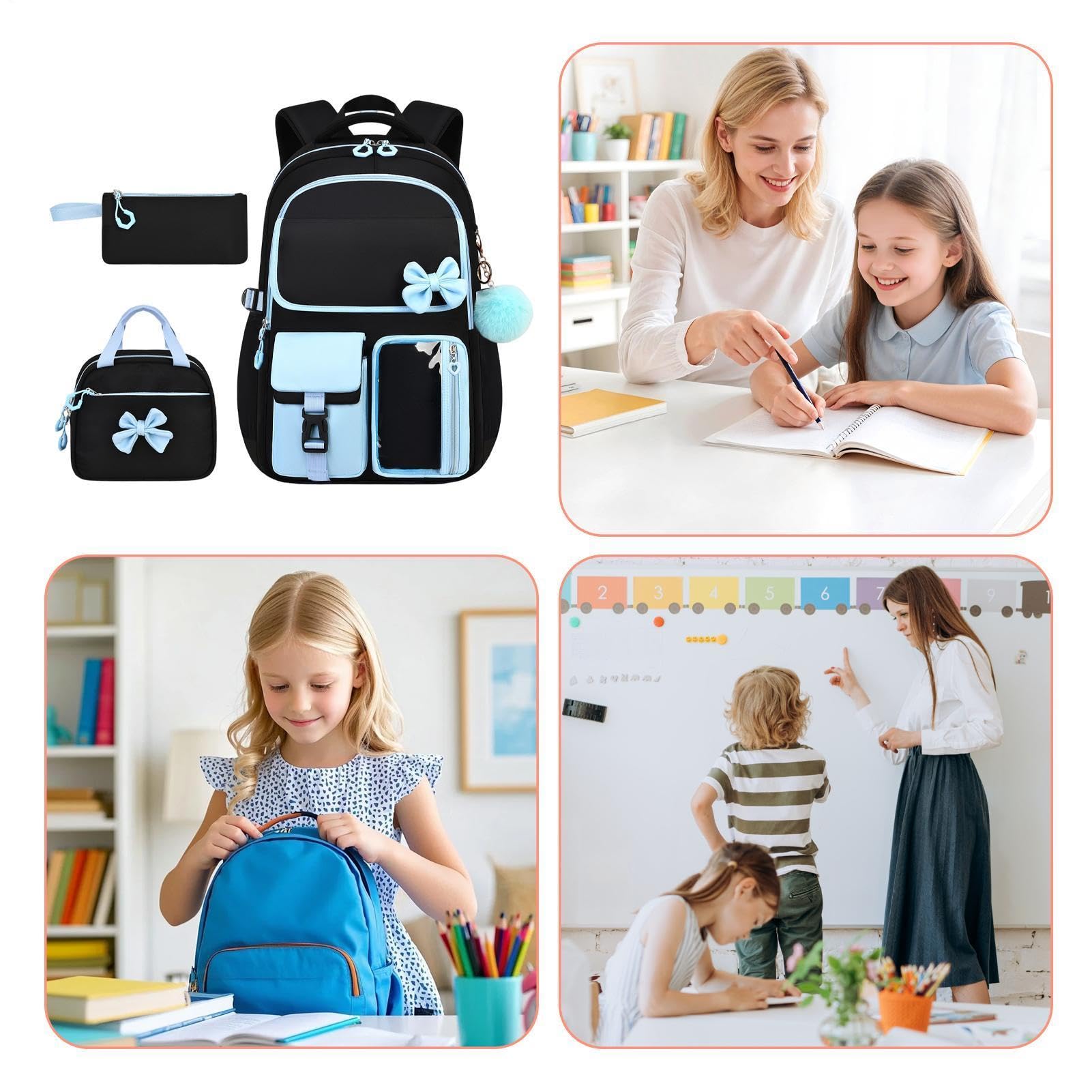 Set di zaino per ragazze, borsa per la scuola, 3 pezzi, con portapranzo, blu, Consulte la descripción, Vedere la descrizione | Grazioso zaino in 3 pezzi con cerniere resistenti. Perfetto per studenti, viaggi scolastici, per riporre oggetti