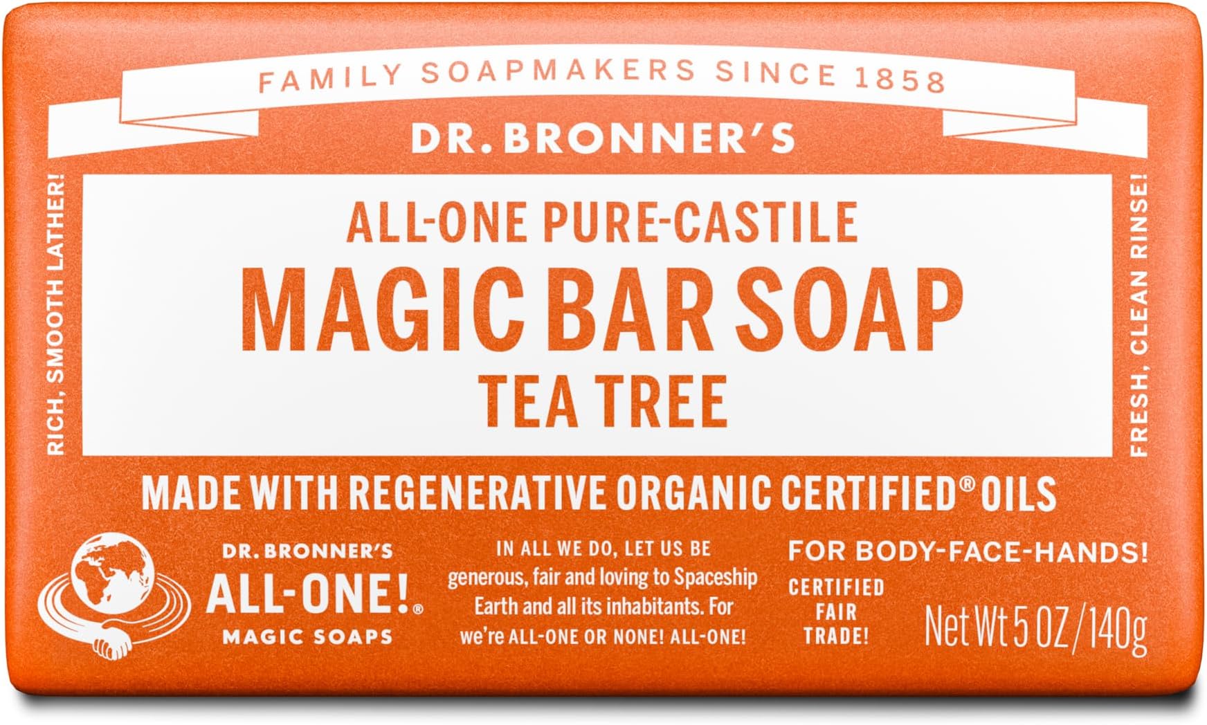 Dr Bronner's 3-in-1 Tea Tree Pure Castile Bar Soap, Made with Organic Oils, Used for Face, Body and Hair, Certified Fair Trade & Vegan Friendly, 140g Bar