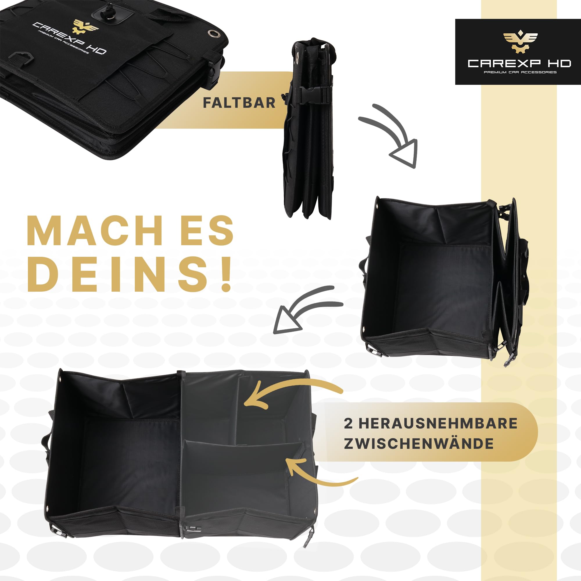 Organizador de maletero con tapa – Bolsa plegable para maletero como práctico organizador de coche, incluye compartimentos laterales, compartimentos interiores y asas de transporte